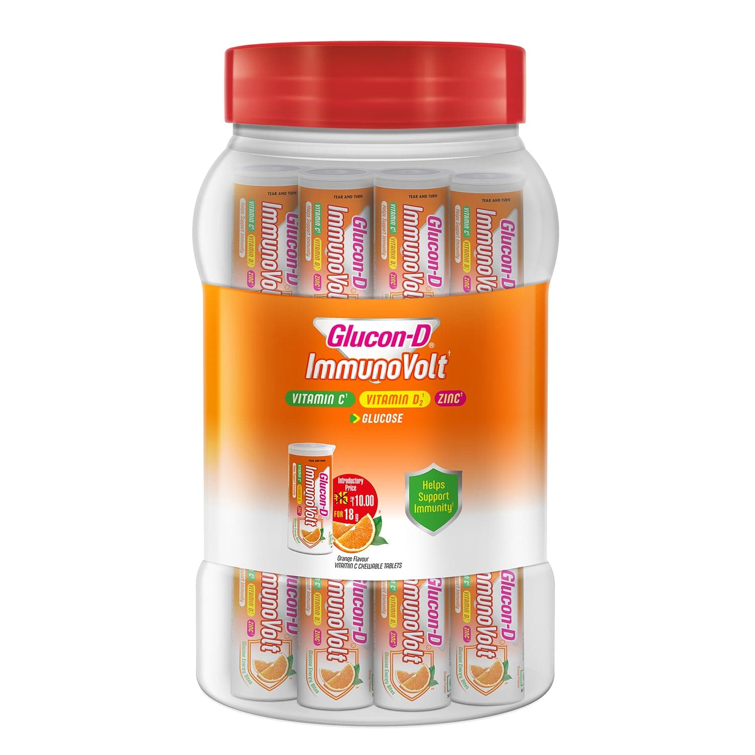 Glucon-D Immunovolt Energy Bite Tube (9 Chewable Tablets) 18gm (Orange - Pack of 20 Tubes)