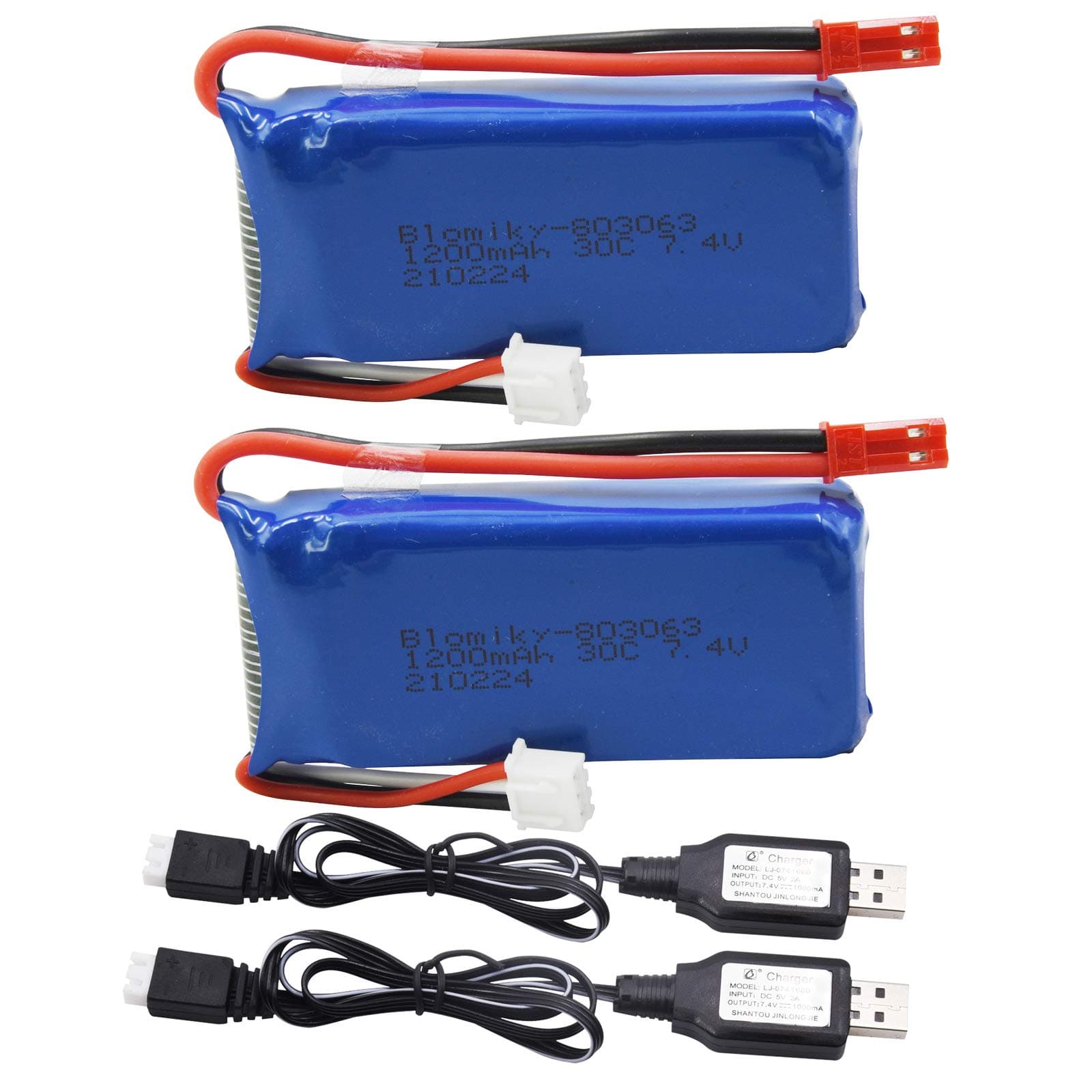 Blomiky 2 Pack 7.4V 1200mAH Lipo Battery Pack with JST Plug and USB Cable Replacement for UDIRC UD1601 UD1602 Pro Fisca Cheewing 1/16 Scale RC Truck RC Helicopter Drone Vehicles / X6 Battery and USB 2