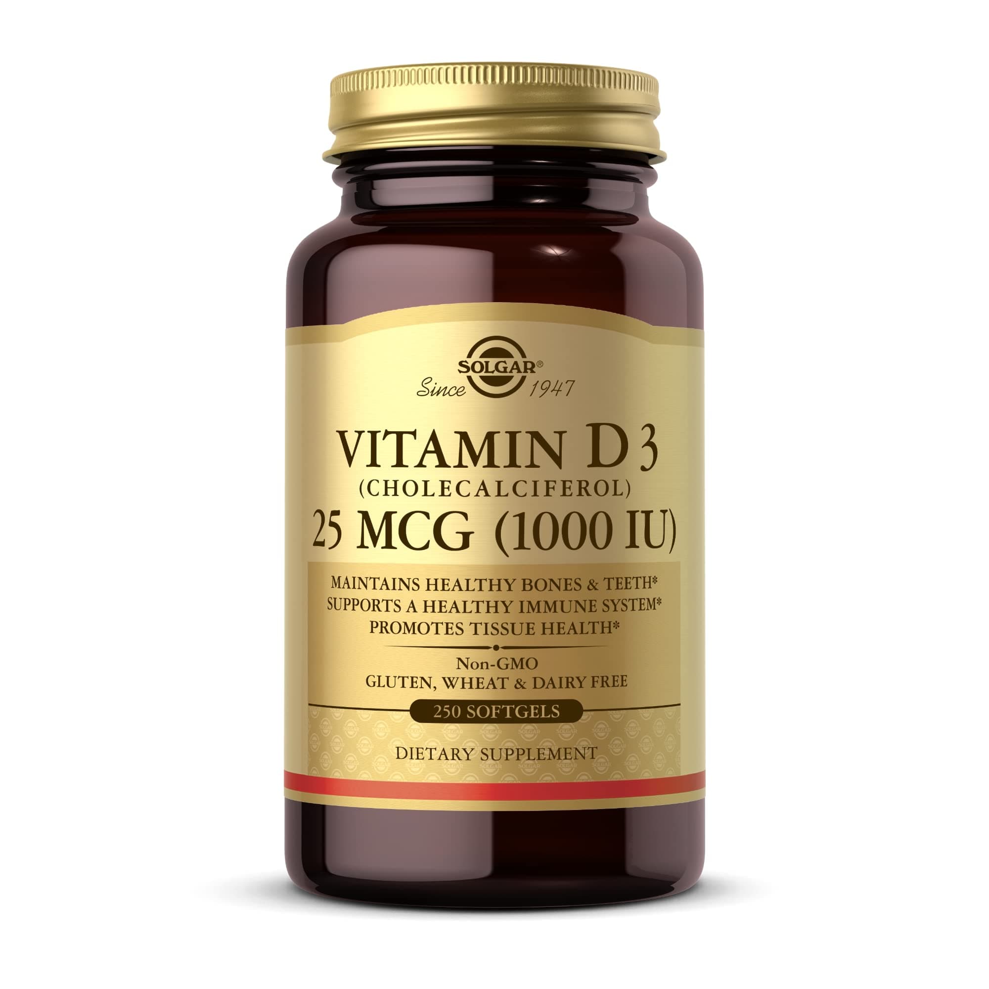 Vitamin D3 (Cholecalciferol) 25 MCG (1000 IU), 250 Softgels - Helps Maintain Healthy Bones & Teeth - Immune System Support - Non-GMO, Gluten Free, Dairy Free - 250 Servings