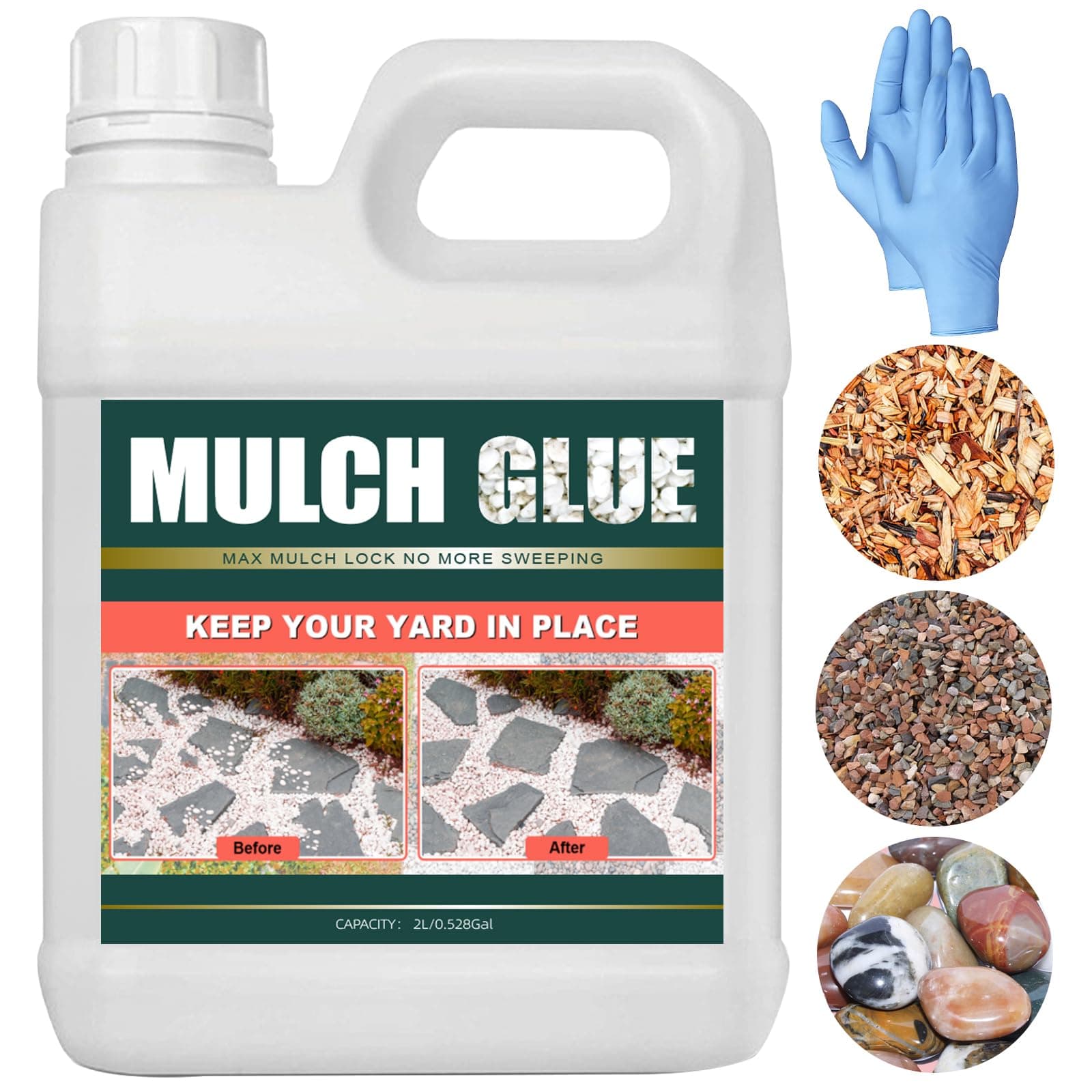 Mulch Glue Concentrate 2L/0.52Gal - Gravel Binder With Nitrile Gloves, Fast Dry Transparent Waterproof Pea Gravel Stabilizer for Rocks Landscaping