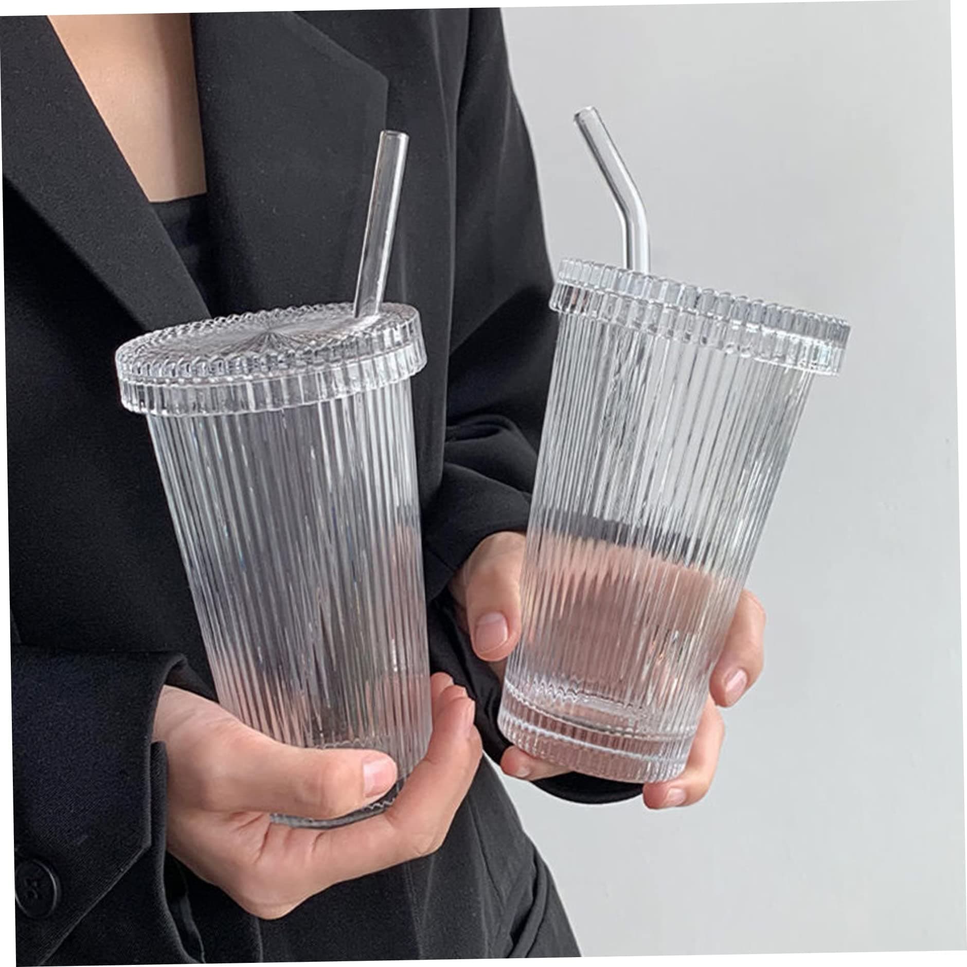 Glass Cups with Lids and Straws, 2Pcs Ribbed Glassware Vertical Striped Glass Coffee Mug with Straw and Lid Smoothie Iced Coffee Mug 375ML