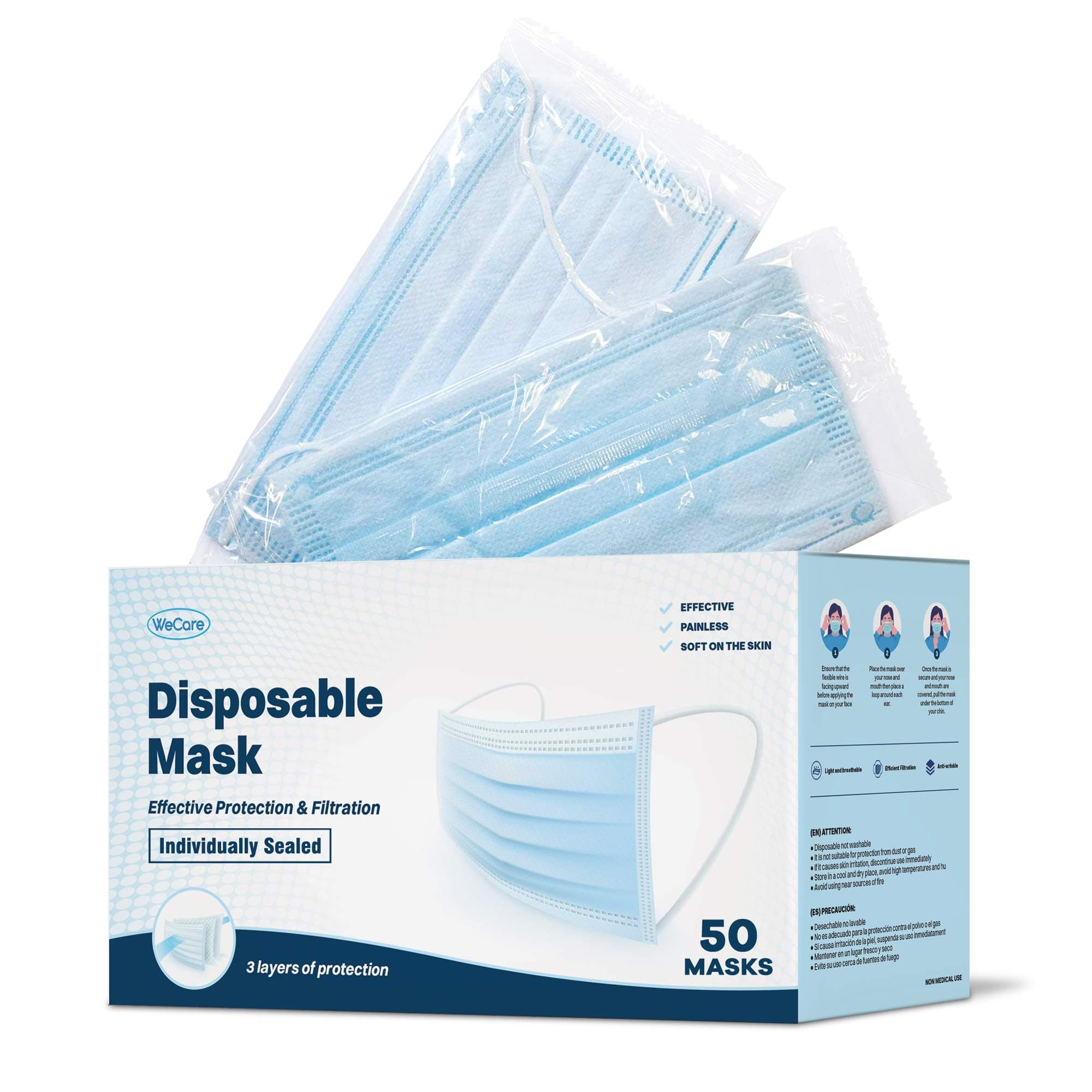 WECARE Disposable Face Mask Individually Wrapped - 50 Pack, Printed Masks - 3 Ply