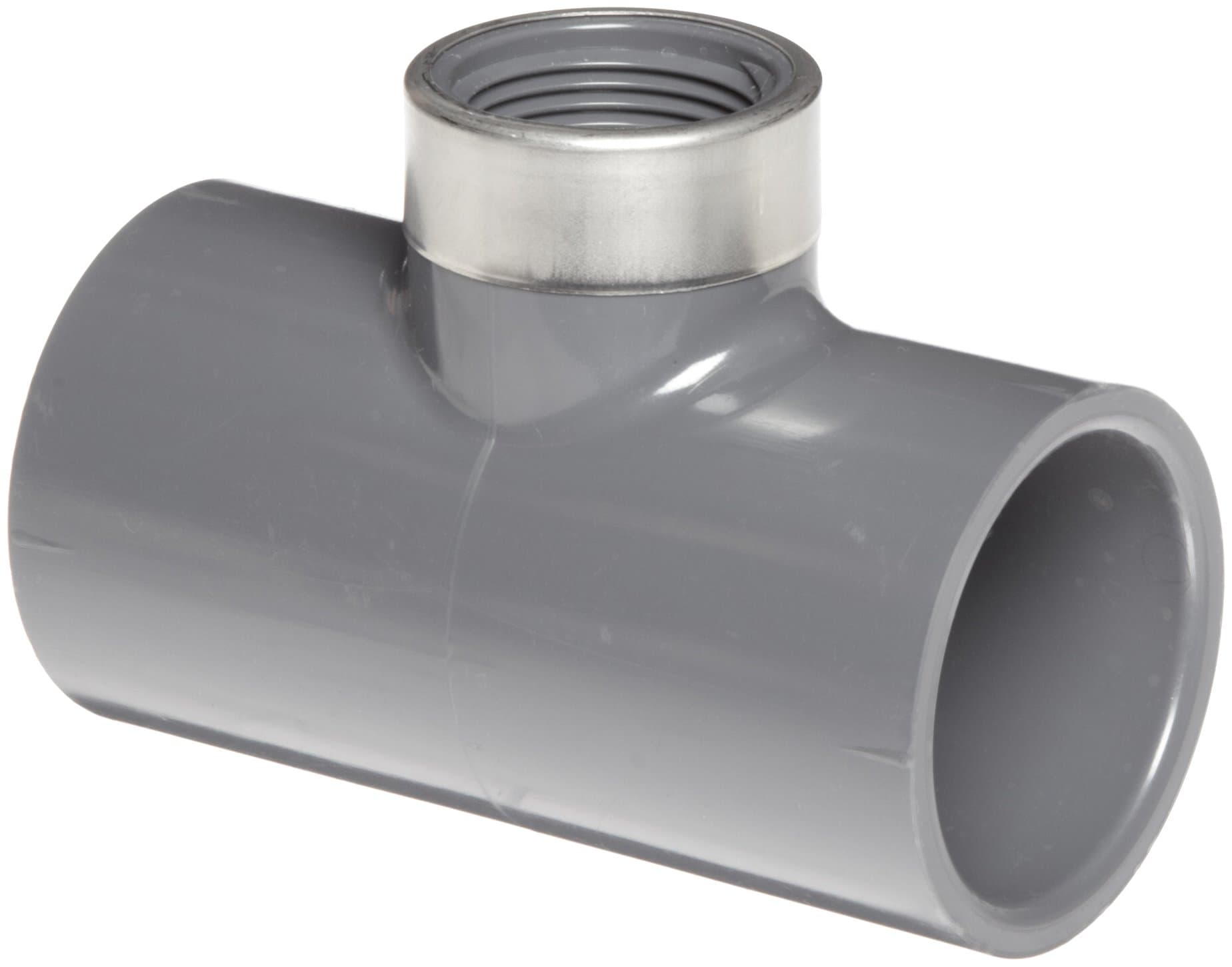 Spears 802-SR Series PVC Pipe Fitting, Tee, Schedule 80, Gray, 1/2" Socket x 1/4" Stainless Steel NPT Female