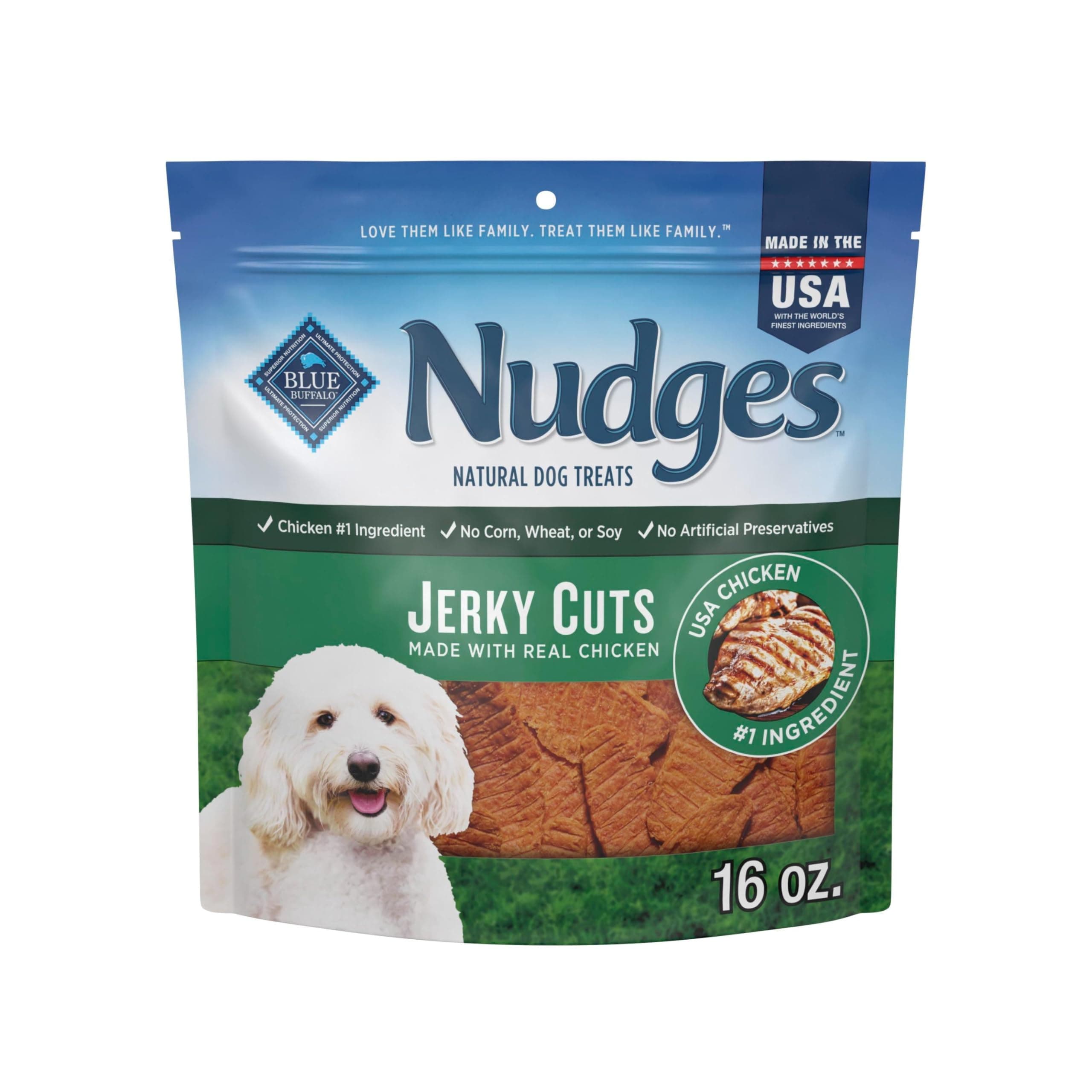 Blue Buffalo Nudges Jerky Bites Dog Treats, Made in the USA with Natural Ingredients, Bite-Sized Pieces, Chicken, 16-oz Bag