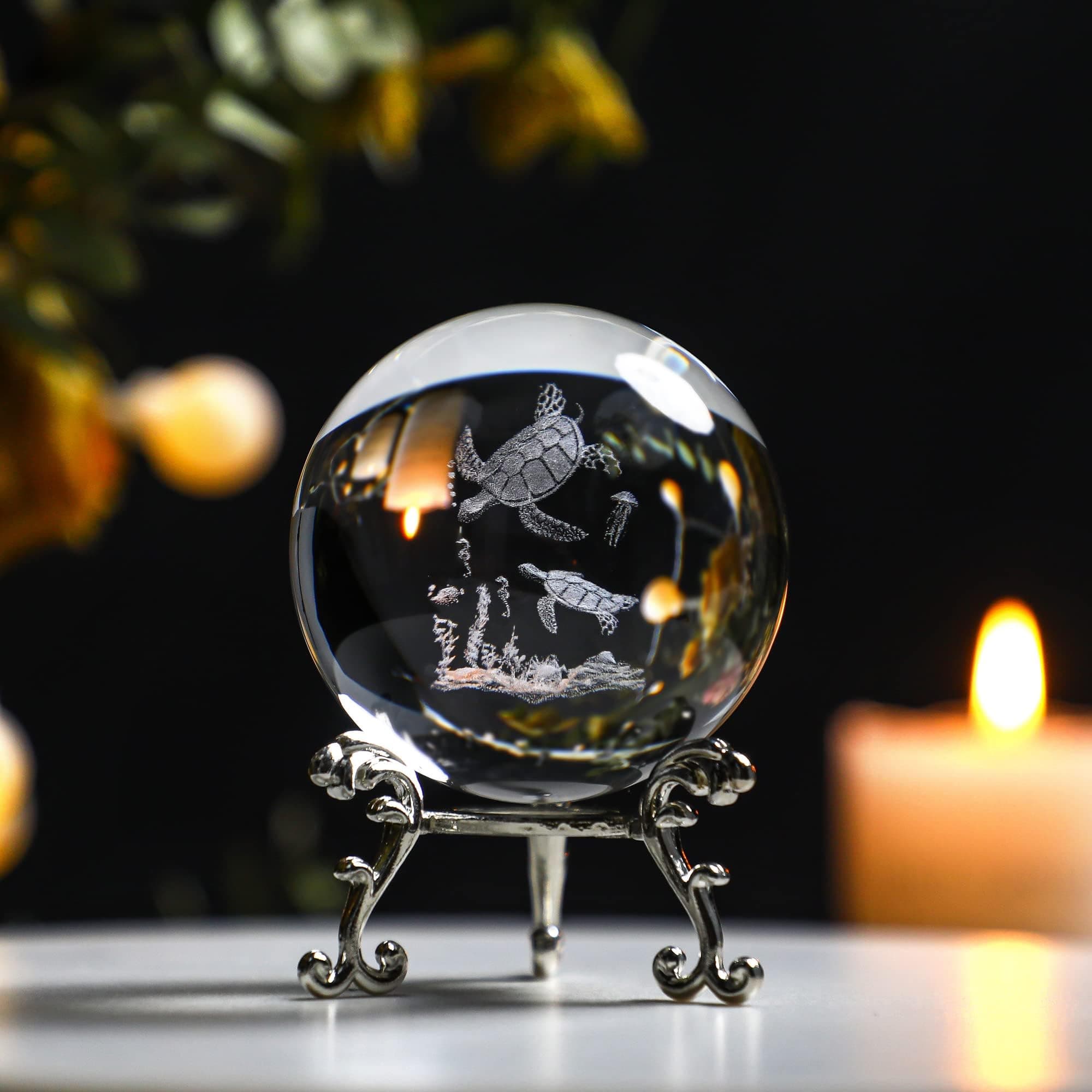 3D Laser Engraved Sea Turtle Crystal Ball with Stand 60mm Crystal Animal Figurine Collectibles Art Glass Ocean Decorative Ball Sphere Display Sculpture Home Decor Gift for Women