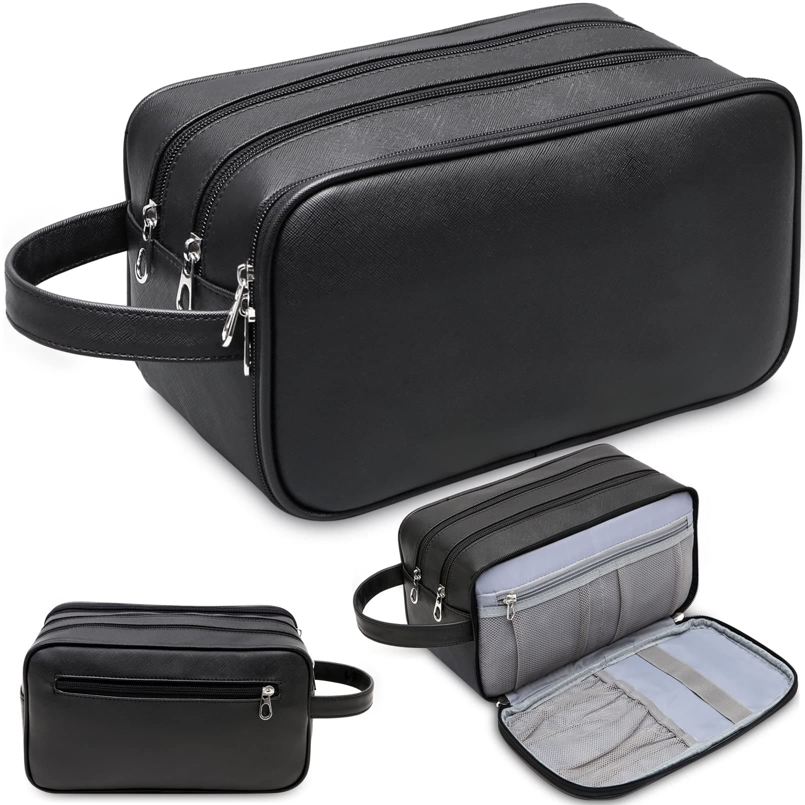 Leather Hanging Travel Toiletry Bag for Women Men, Black, Large