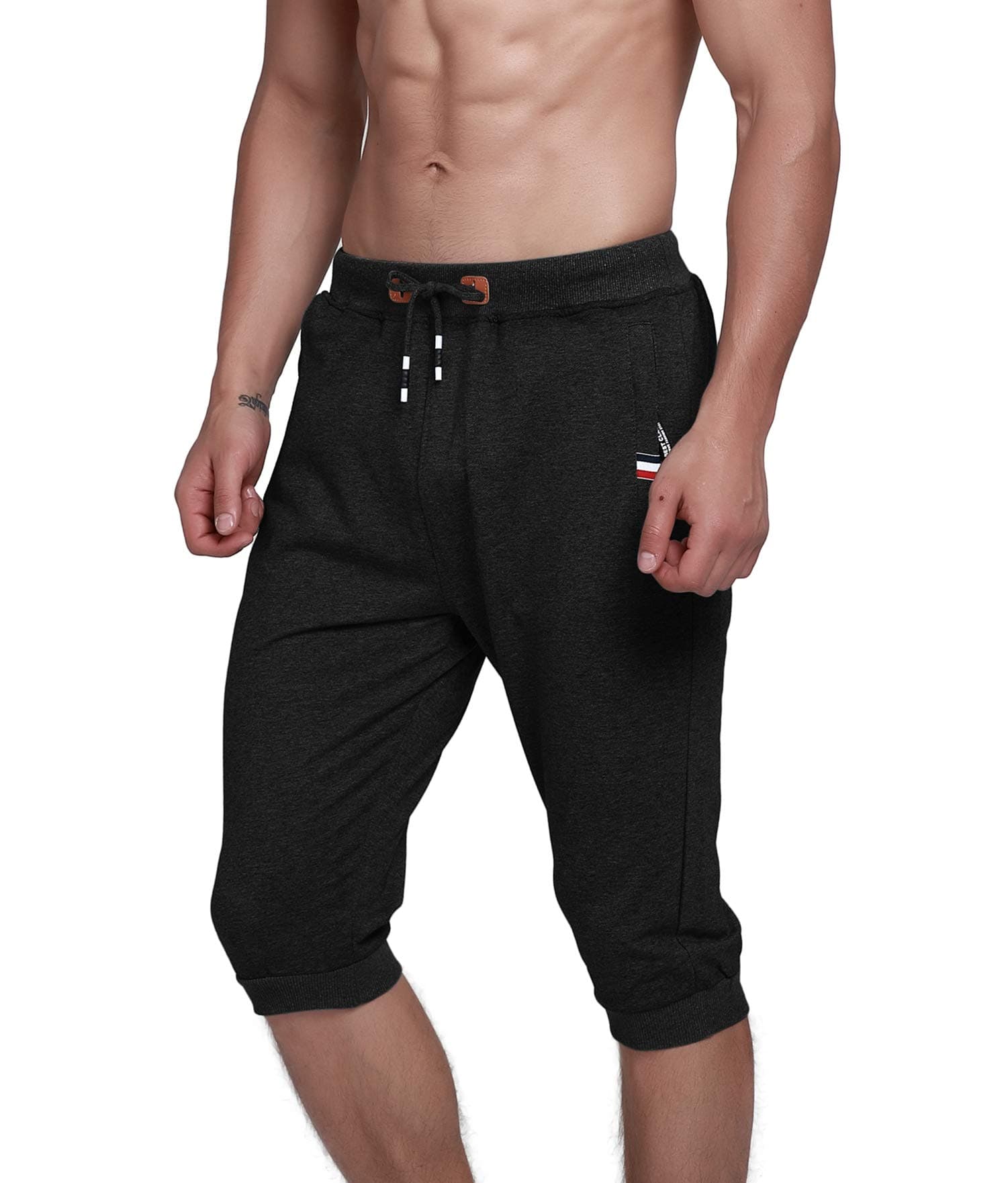 YSENTO Mens Cotton Casual 3/4 Joggers Shorts Gym Running Shorts Workout Jogger Shorts with Zip Pockets(Black,30)