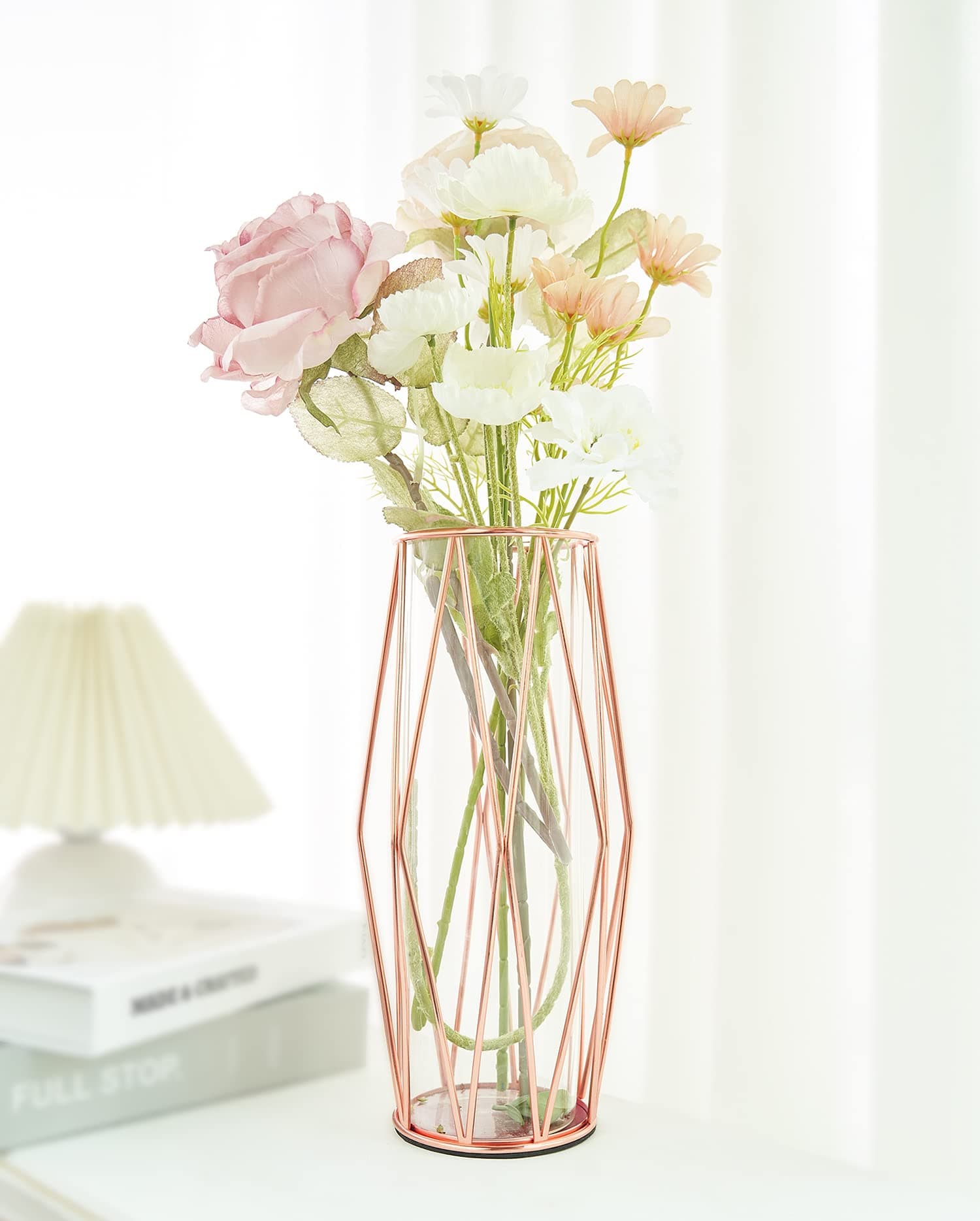 FSyueyun Rose Gold Flower Glass Vases for Centerpieces with Premium Metal Rack, Modern Large Vases Home Decor Living Room or Wedding Centerpiece (11 Inches Tall)