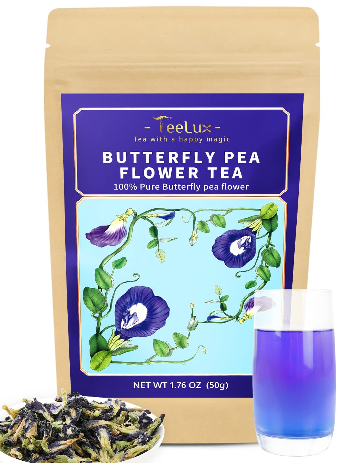TeeLux Butterfly Pea Flower Tea, Non-GMO, Pure Natural Butterfly Pea Tea, Premium Dried Butterfly Pea Flower for Blue & Purple Drinks and Food Coloring, 1.76 Oz