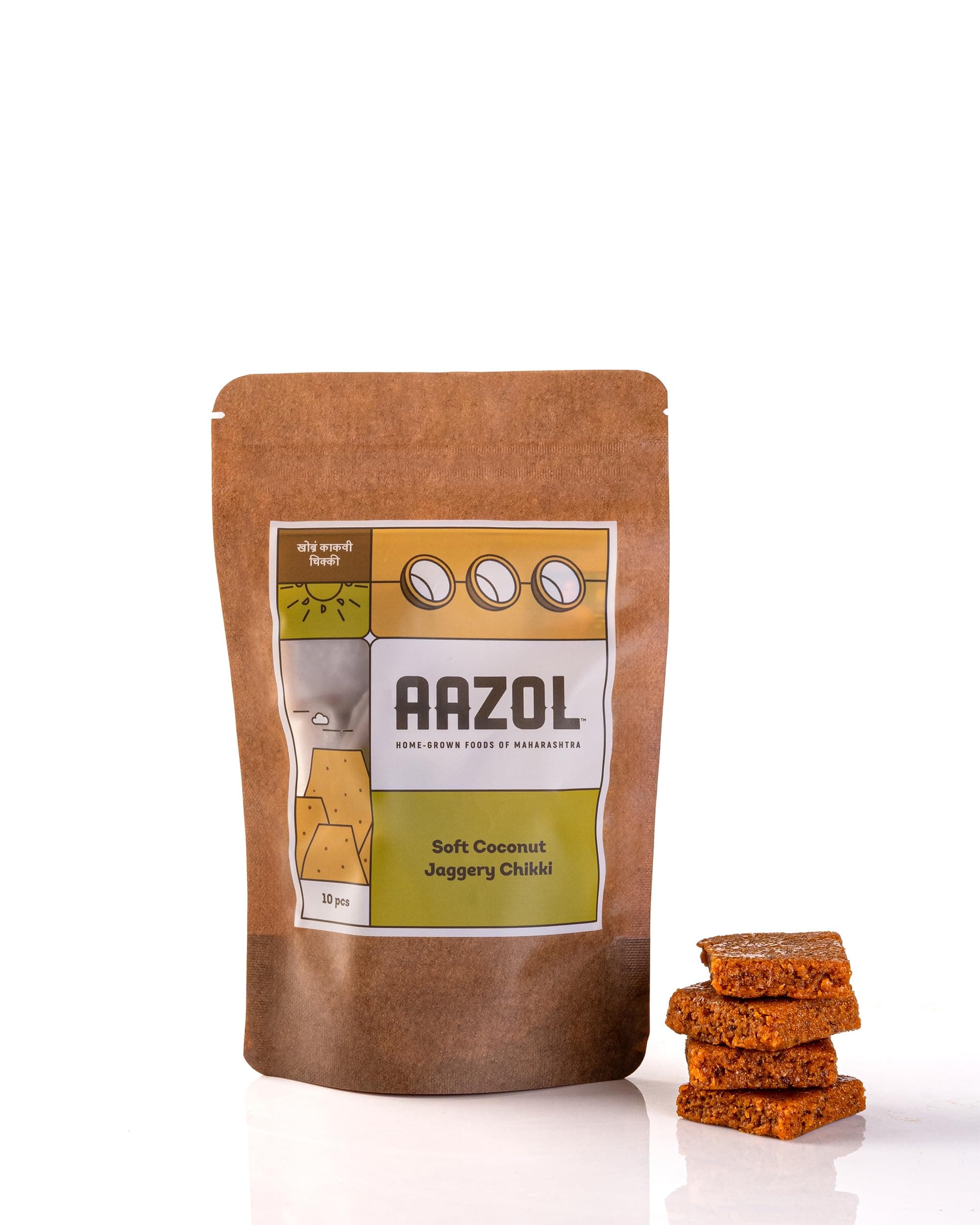 Aazol Soft Coconut Jaggery Chikki - 10pcs | Ideal Dessert | Fresh Coconut with Mineral-rich Liquid Jaggery | NO Added Sugar | Ready to Eat