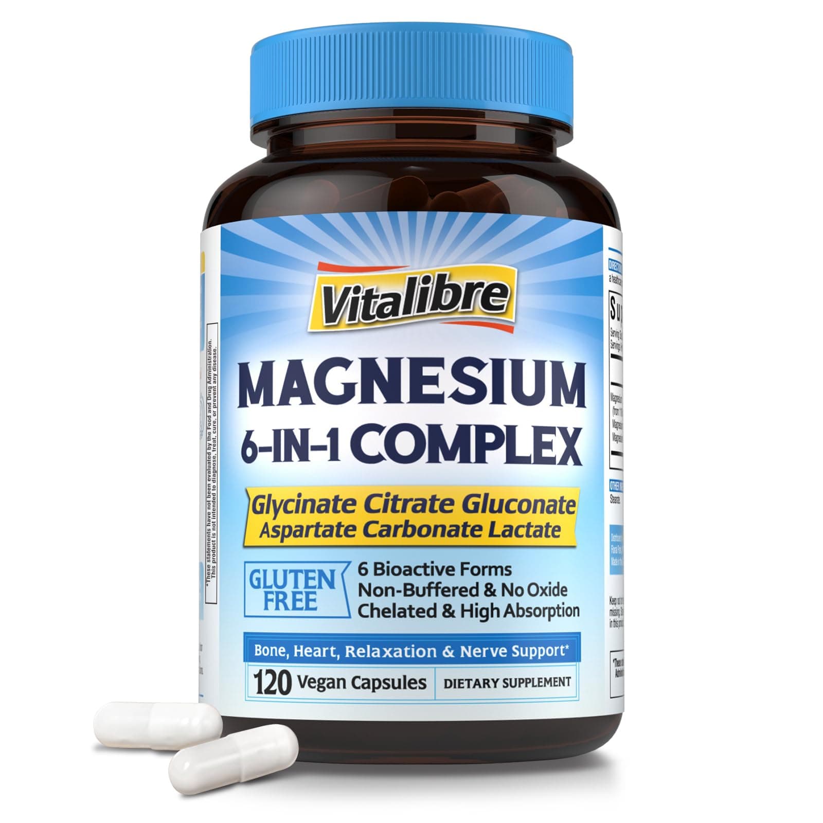 6 in 1 Magnesium Complex for Women Men, 260mg Elemental Magnesium | Max Absorption | Chelated Magnesium Supplement for Bone, Relaxation & Nerves Support | Non-GMO, 120 Vegan Capsules