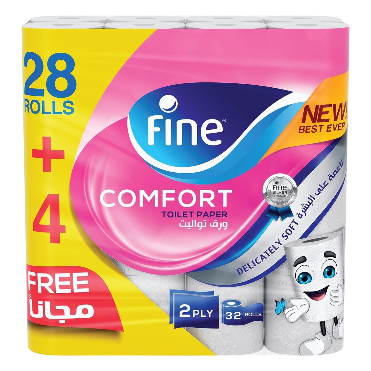 Fine Comfort Toilet Tissues Paper 32 Rolls, 180 sheets x 2 Ply