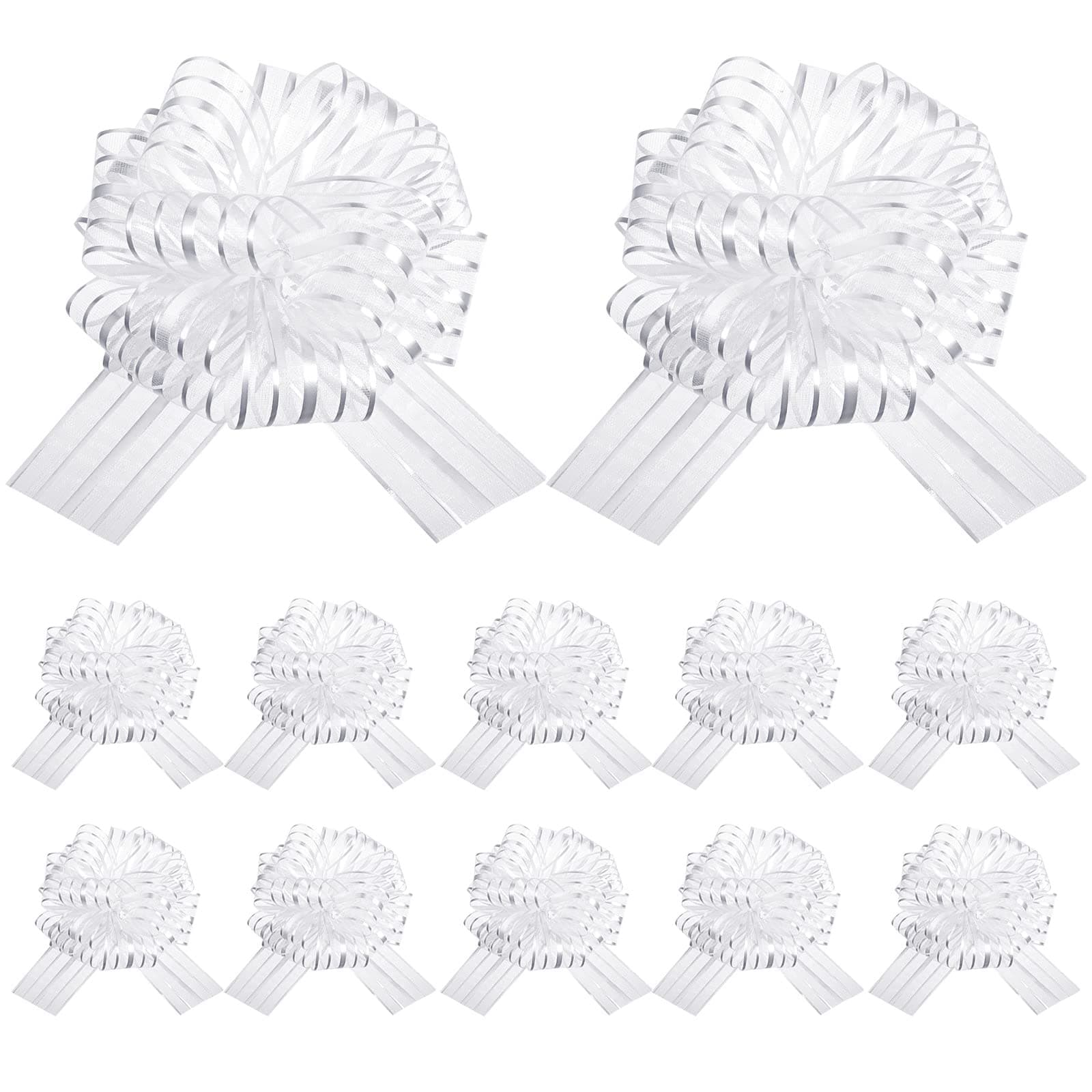 12 Pieces Pull Bow Large Organza Gift Wrapping Pull Bows with Ribbon for Wedding Gift Baskets (White, 8 Inch)