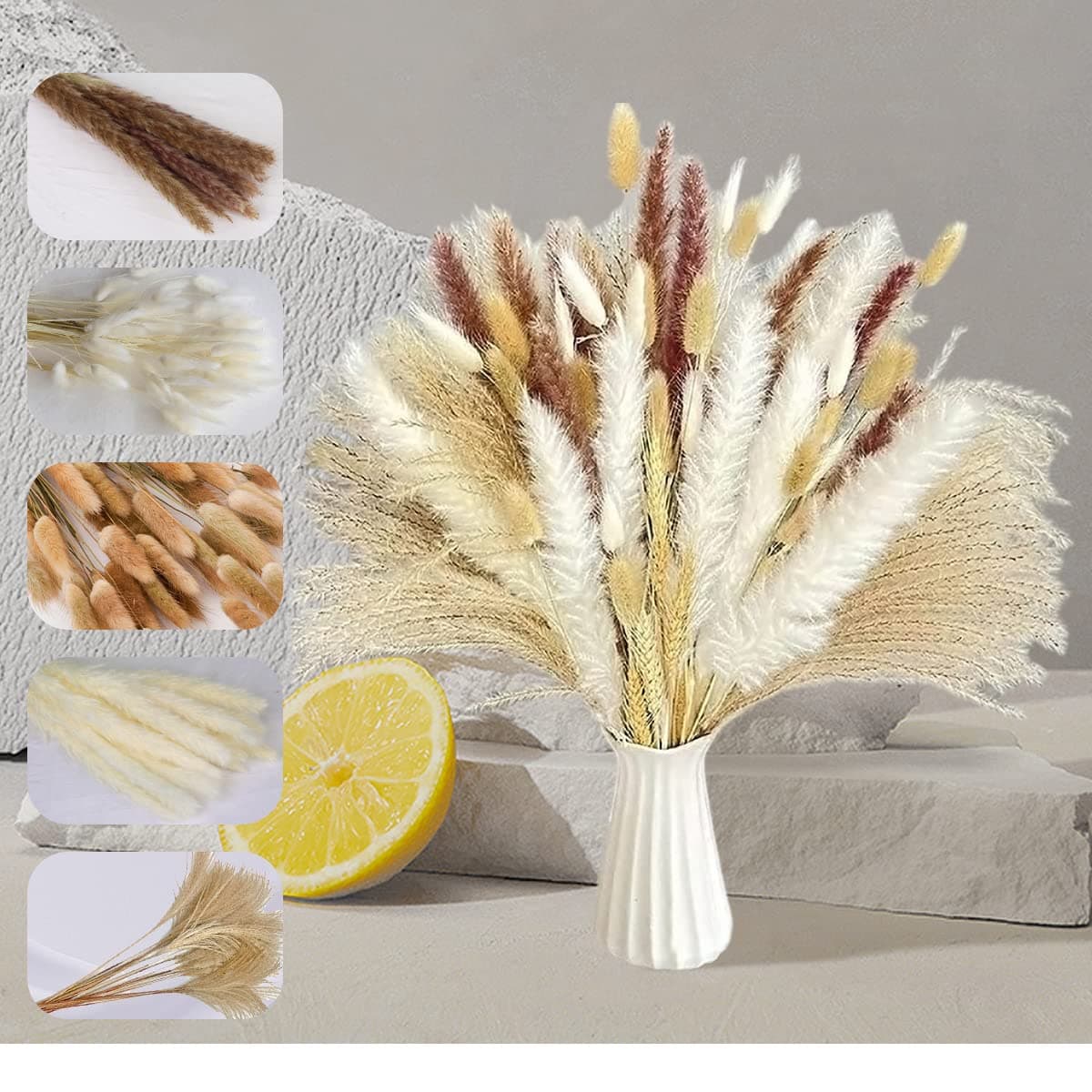 Pampas Grass Natural Dried Plants Total 120 PCS, Fluffy Pompous Grass Bunny Tail Pampas for Flower Arrangements Home Wedding Party Table Vase Decor Boho Home Decorative Dried Flowers Pampas Bouquet