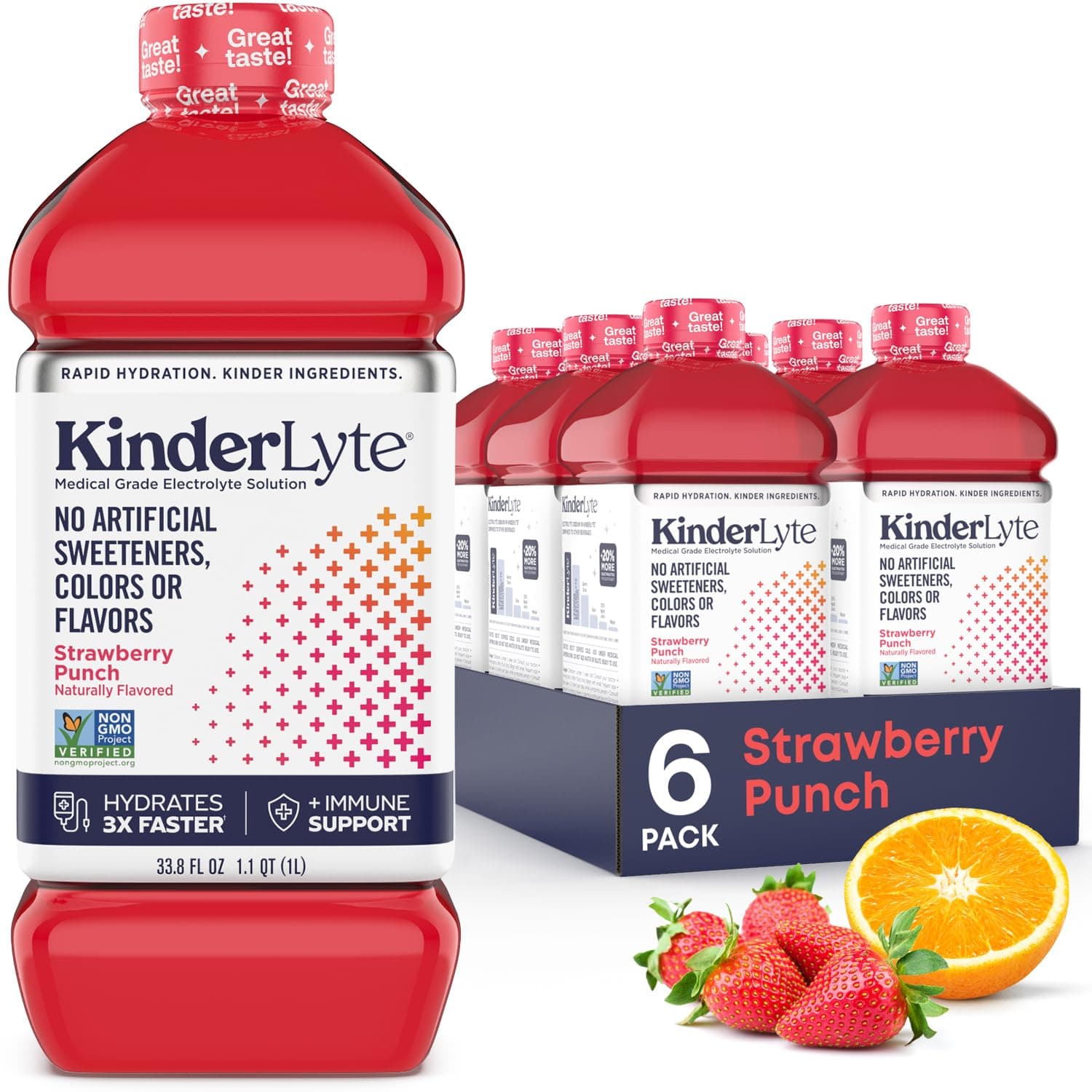 Kinderlyte Natural Electrolyte Solution | Doctor-Formulated for Rapid Rehydration | No Artificial Sweeteners, Colors or Flavors (Strawberry Punch, 6-Pack)