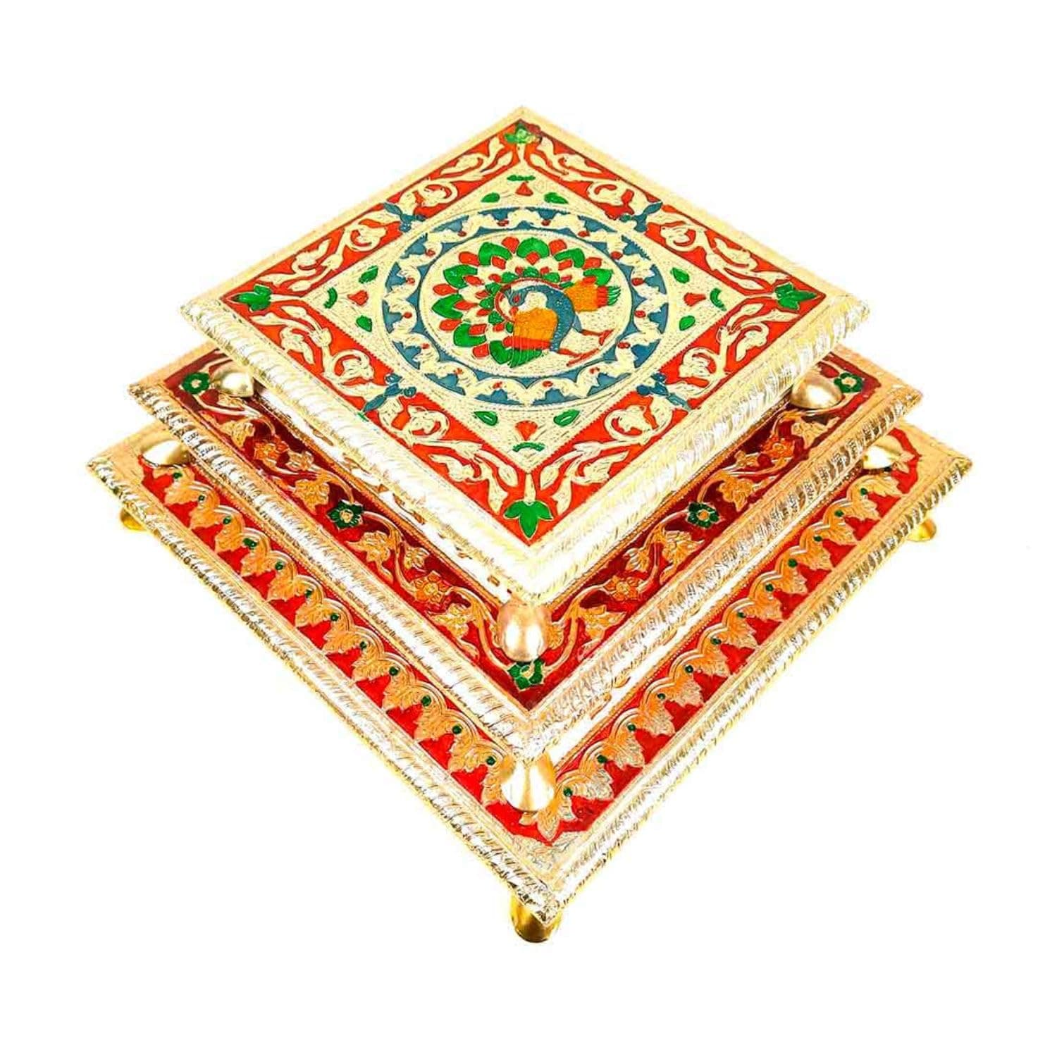 Apka Mart The Online Shop Wooden Minakari Peacock Design Chowki Set of 3 (8 Inch, 10 Inch, 12 Inch|Multicolor) for Weddings/Pooja/Temple