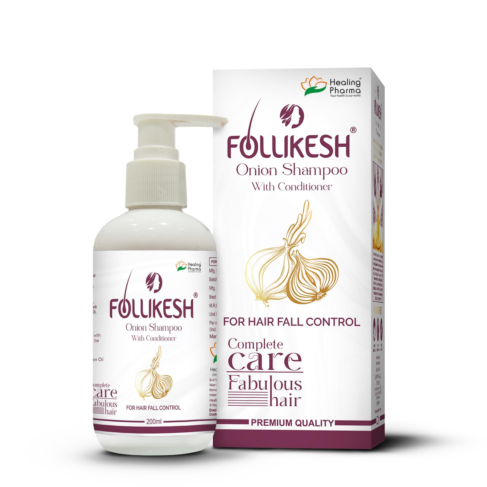 Healing Pharma - Follikesh® Onion Shampoo with Conditioner for Hair Fall Control, Hair Growth & Dandruff | Enriched with Rosemary Oil & Tea Tree Oil | Onion Shampoo for Women and Men - 200ml