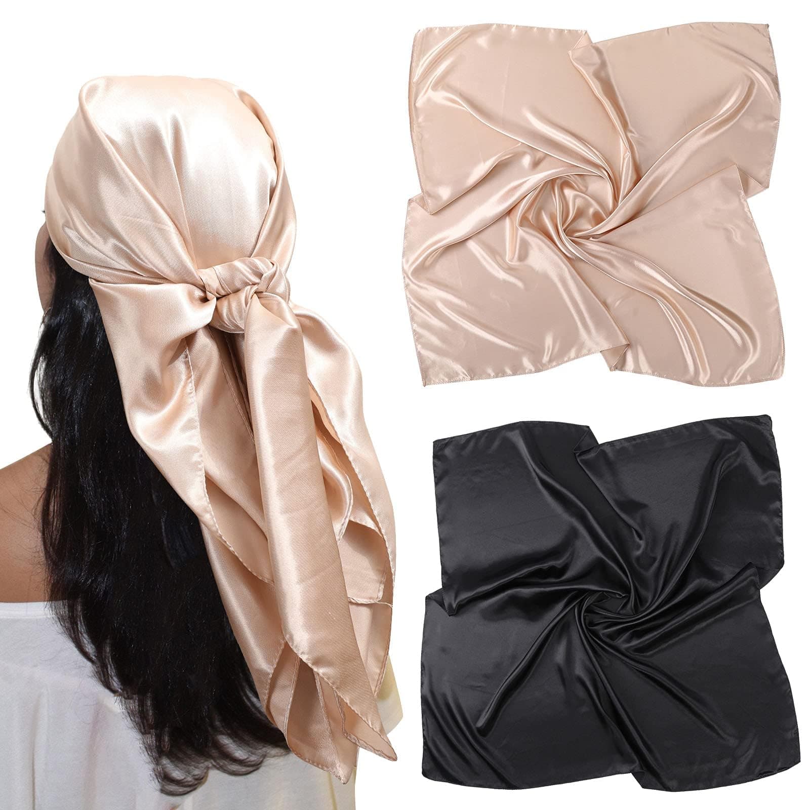 35” Large Satin Square Head Scarf - 2Pcs Silk Like Floral Head Scarves Square Satin Hair Scarf Bandanas for Women