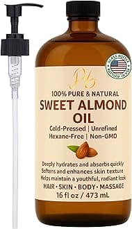 Almond Oil – 16 fl oz Glass Bottle with Pump | 100% Pure, Cold-Pressed, Unrefined & Hexane-Free | Sweet Almond Carrier Oil for Skin, Face & Hair | Natural Moisturizer & Massage Oil