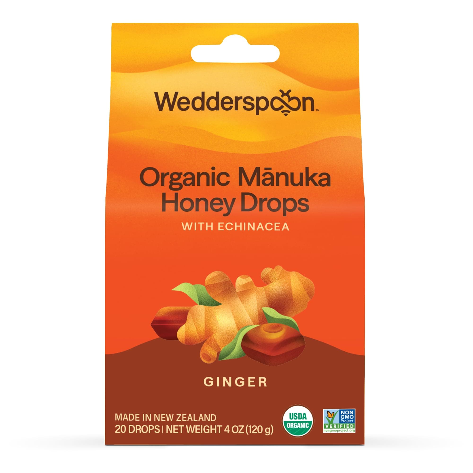 Organic Manuka Honey Drops, Ginger & Echinacea, 20 Count (Pack of 1) | Genuine New Zealand Honey | Perfect Remedy For Dry Throats