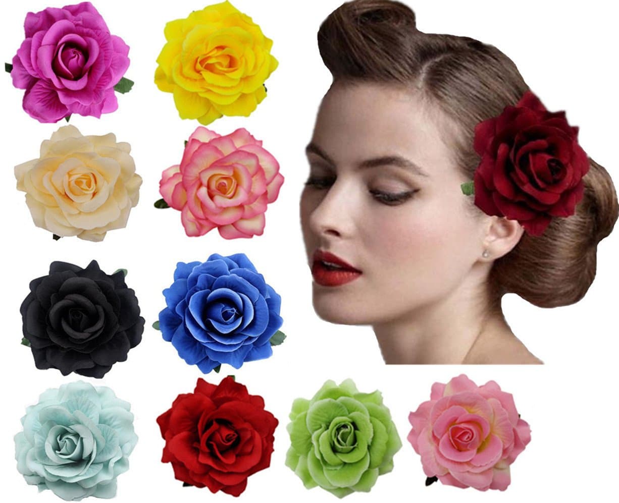 Amuhou Womens Rose Flower Hair Clip Flower Brooch for Bridal Headpiece,Flamenco Dancer 10-Pack (Mixed 10 Colors)
