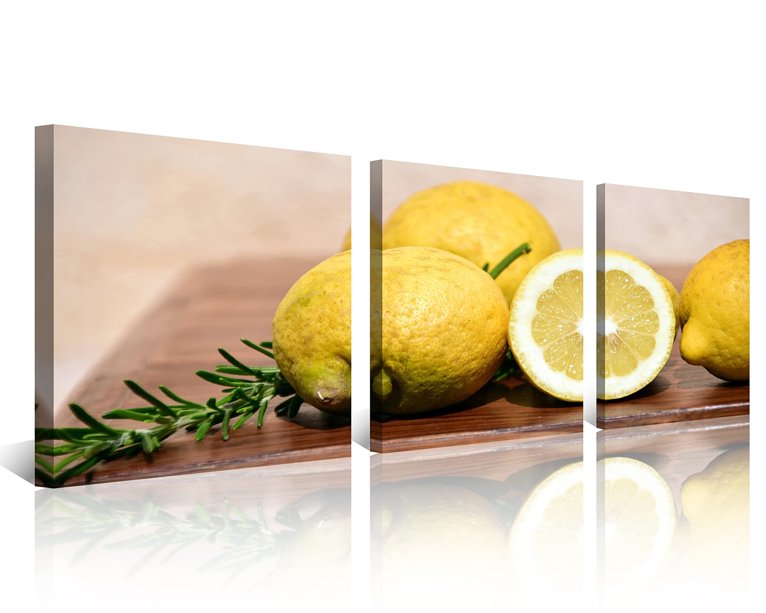 NAN Wind3 Pcs Modern Giclee Artwork Fresh Yellow Lemon Still Life Kitchen Wall Decor Canvas Prints Fruit Pictures Lemon Wall Decor Stretched and Framed Wall Artwork for Fruit Theme Home Decoration