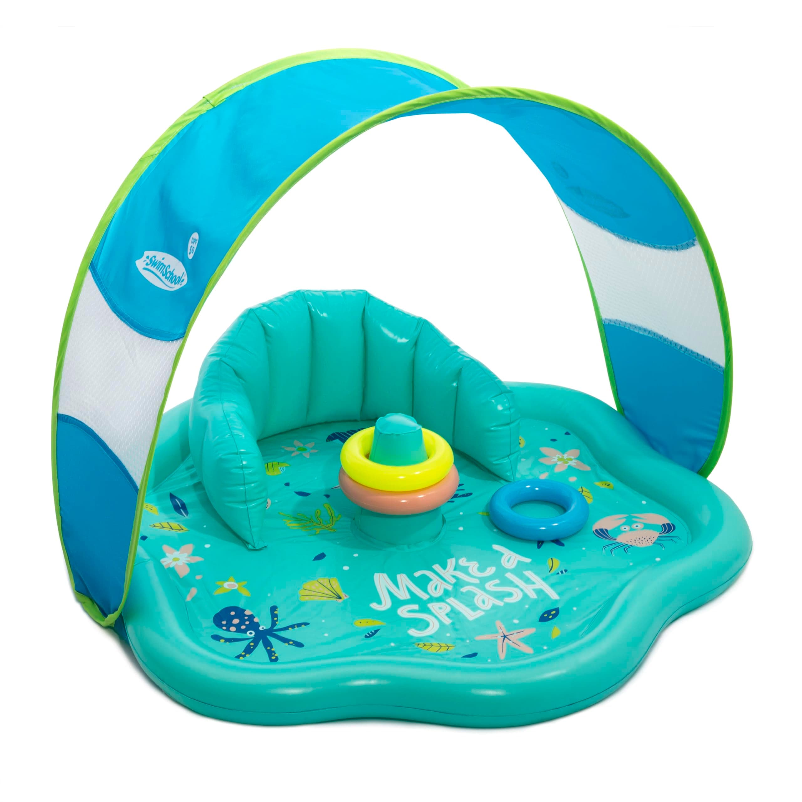 SwimSchool Baby Splash Play Mat with Adjustable Canopy – Inflatable Play Pool for Babies & Infants with Backrest – Includes Baby Water Toy Rings