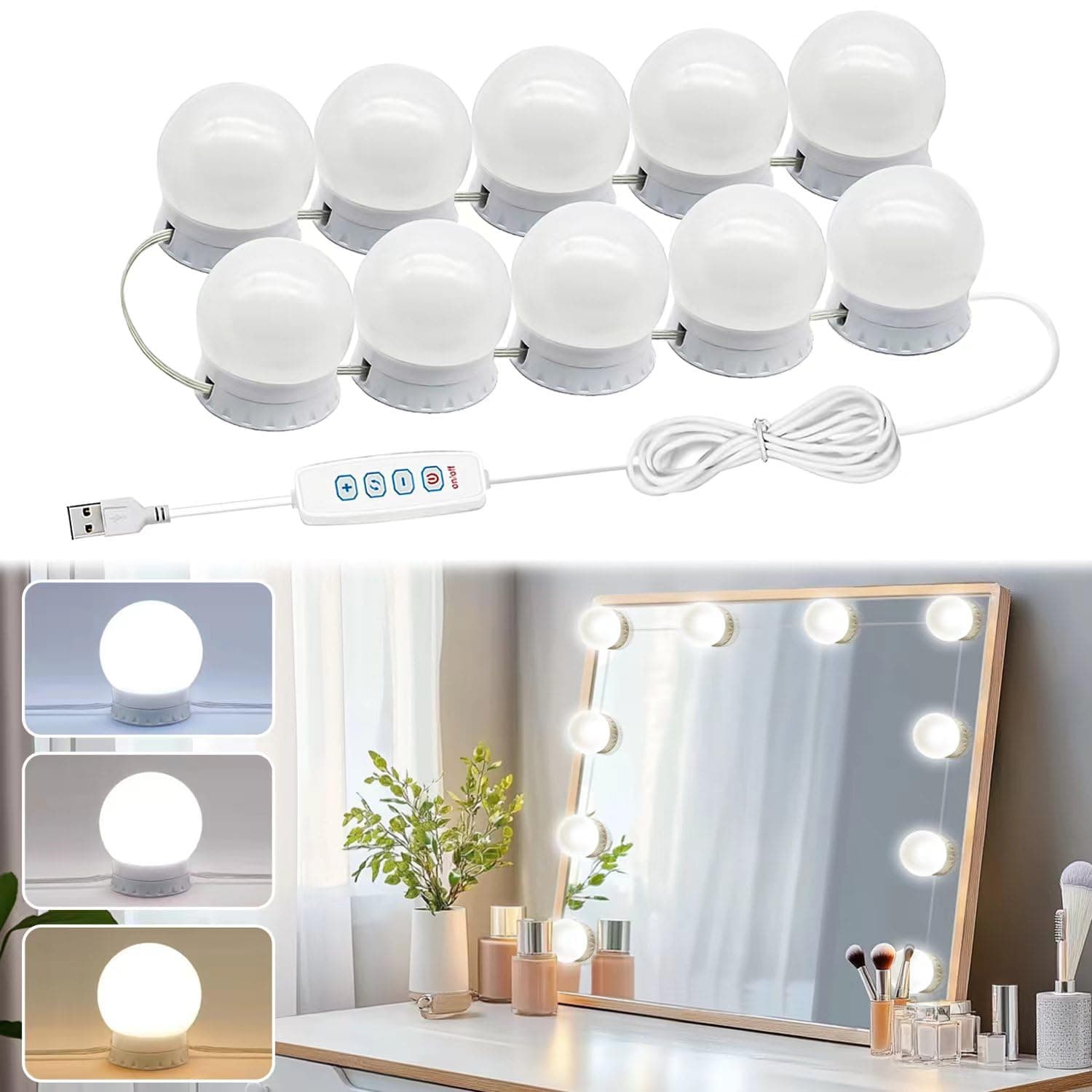 Vanity Lights for Mirror, Hollywood Style Vanity Lights with 10 dimmable Bulbs,Adjustable Color & Brightness,USB Cable(No Mirror Include)