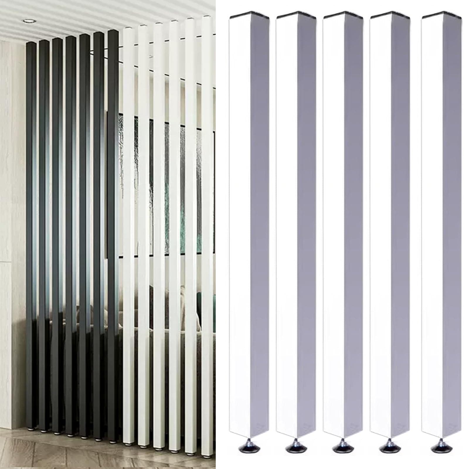 Living Room Floor to Ceiling Wall Post Partitions Screens, Wood Slat Room Divider Column with Adjustable Feet, Office Dividers Pillars 28 36 48 60 70 80 Inches High(White 5 Pack,100cm/39.3in/3.28ft)