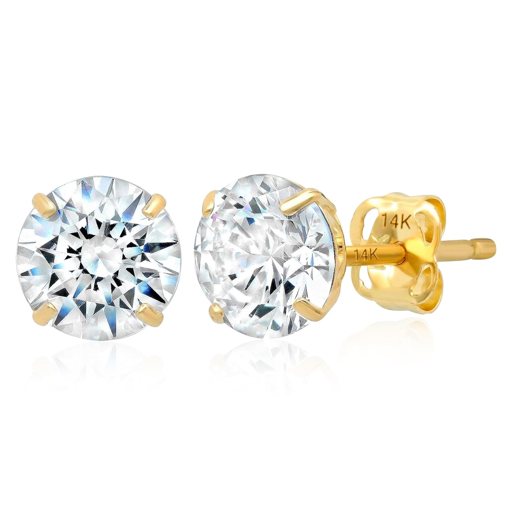 14k Gold Solitaire Round Cubic Zirconia Earrings Studs for Women & Men | Anti Tarnishing CZ Stud Earrings with 14k Gold Butterfly Pushbacks | 4MM-7.5MM by MAX + STONE