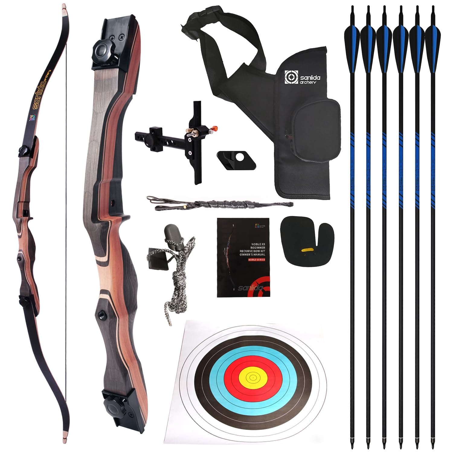 Sanlida Noble Standard Target Archery Beginner Recurve Bow and Arrows Kit for Adult and Youth, 48/54/62/66/68/70 Inch Wooden Takedown Recurve Bow Package for Training, Practice & Competition - RH Only