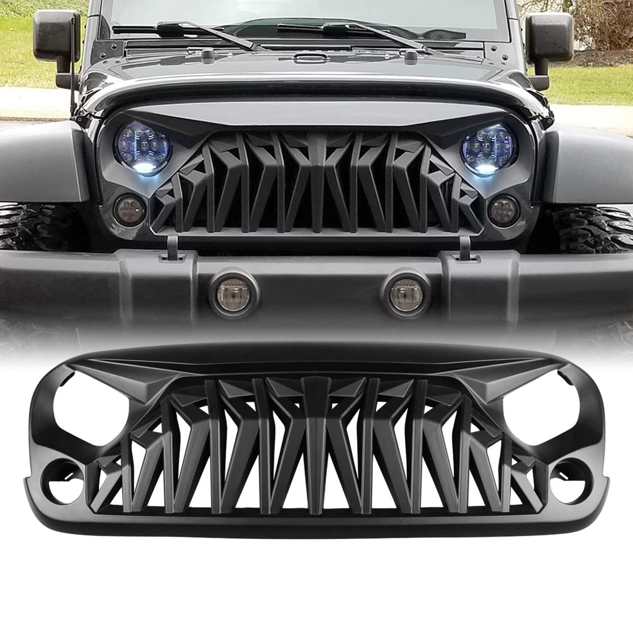 Matte Black Front Grill, Shark Grille Compatible with 2007-2018 Jeep Wrangler Rubicon Sahara Sport JK JKU