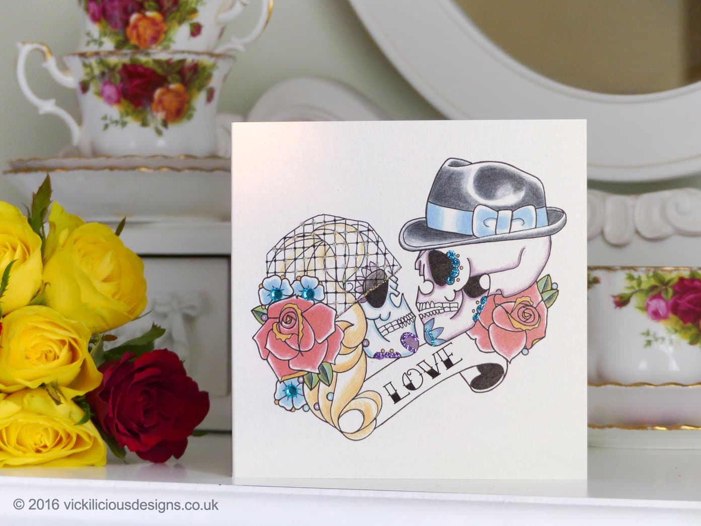50’S Skeleton Bride And Groom Sugar Skull Tattoo Handmade Wedding Card