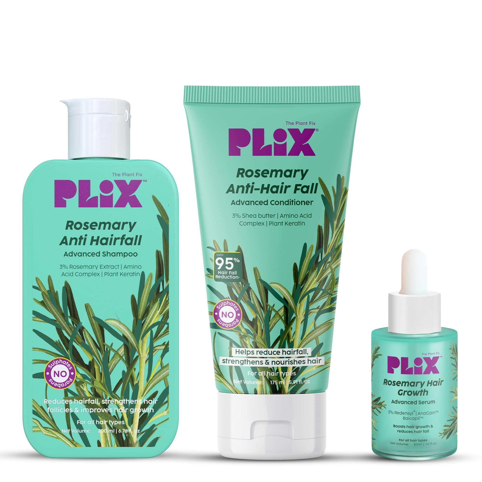 PLIX Rosemary Anti Hairfall Regime Combo with 3% Redensyl Serum, Shampoo & Conditioner l Reduces Hair Fall & Strengthens Hair l Sulphate & Paraben Free l All Hair Types l Unisex