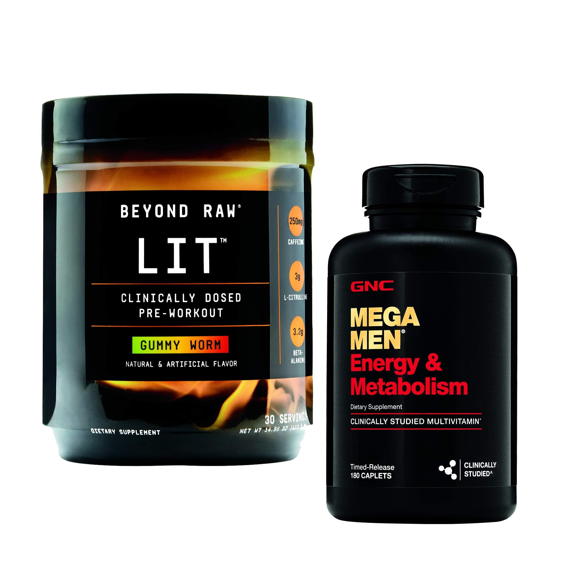 GNC Men's Energy Workout Bundle - Beyond Raw LIT Gummy Worm and Mega Men Energy and Metabolism