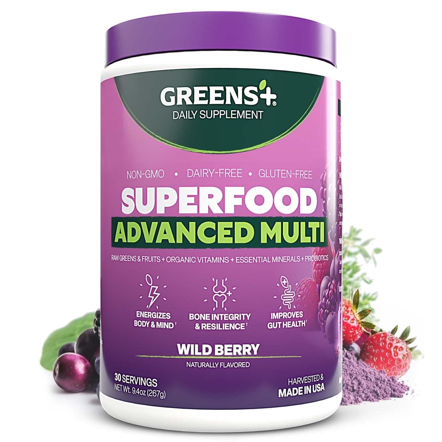Greens+ Advanced Multi Wild Berry Superfood Powder, Organic Blend, Vegan, Non-GMO, Soy-Free, Dairy-Free, Gluten-Free, Dietary Supplement with Vitamins & Minerals, 9.4 oz