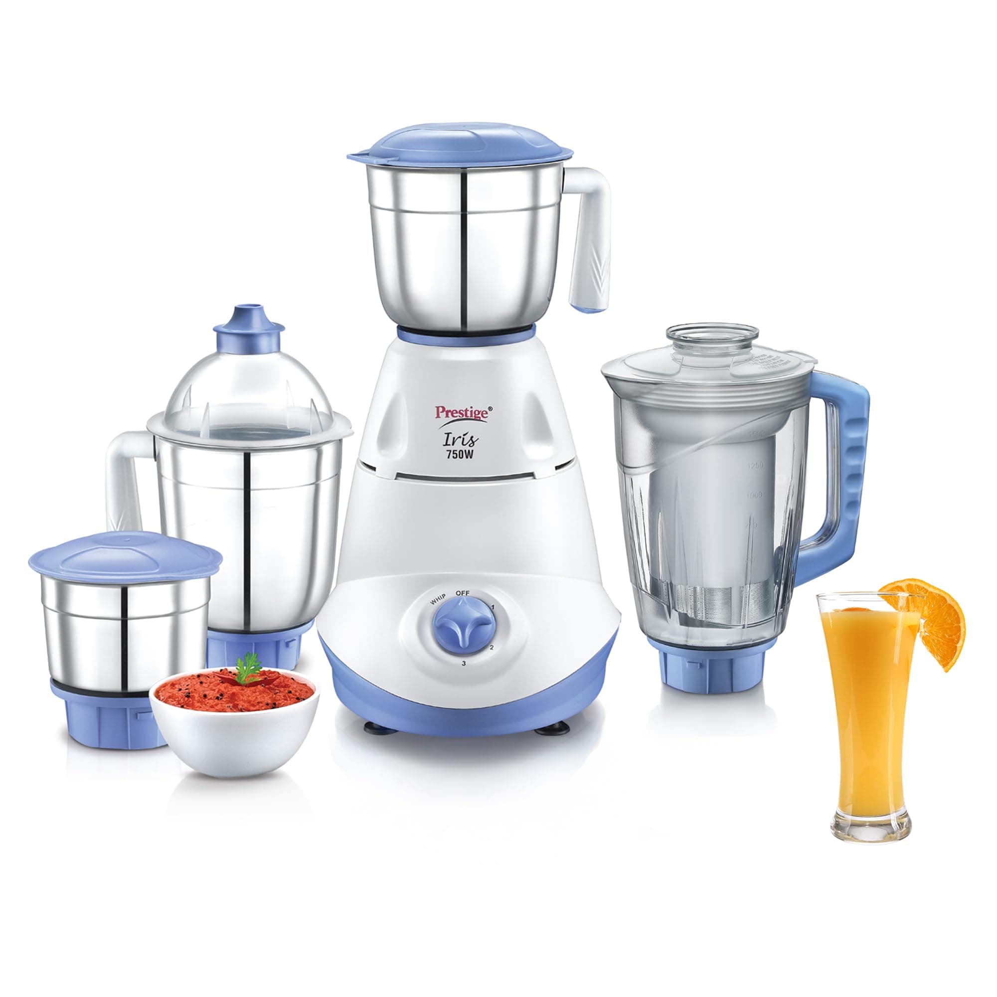 Prestige Iris 750 Watt Mixer Grinder with 3 Stainless Steel Jar + 1 Juicer Jar (White and Blue)