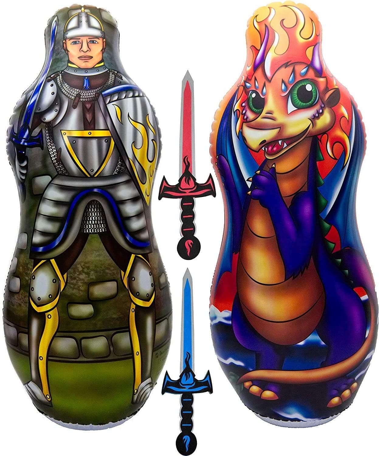 ImpiriLuxInflatable Punching Bag for Kids with Foam Sword Set | 48" Double Sided Bop Bag for Boys, Girls and Children | Knight & Dragon Theme Imaginative and Sports Toys