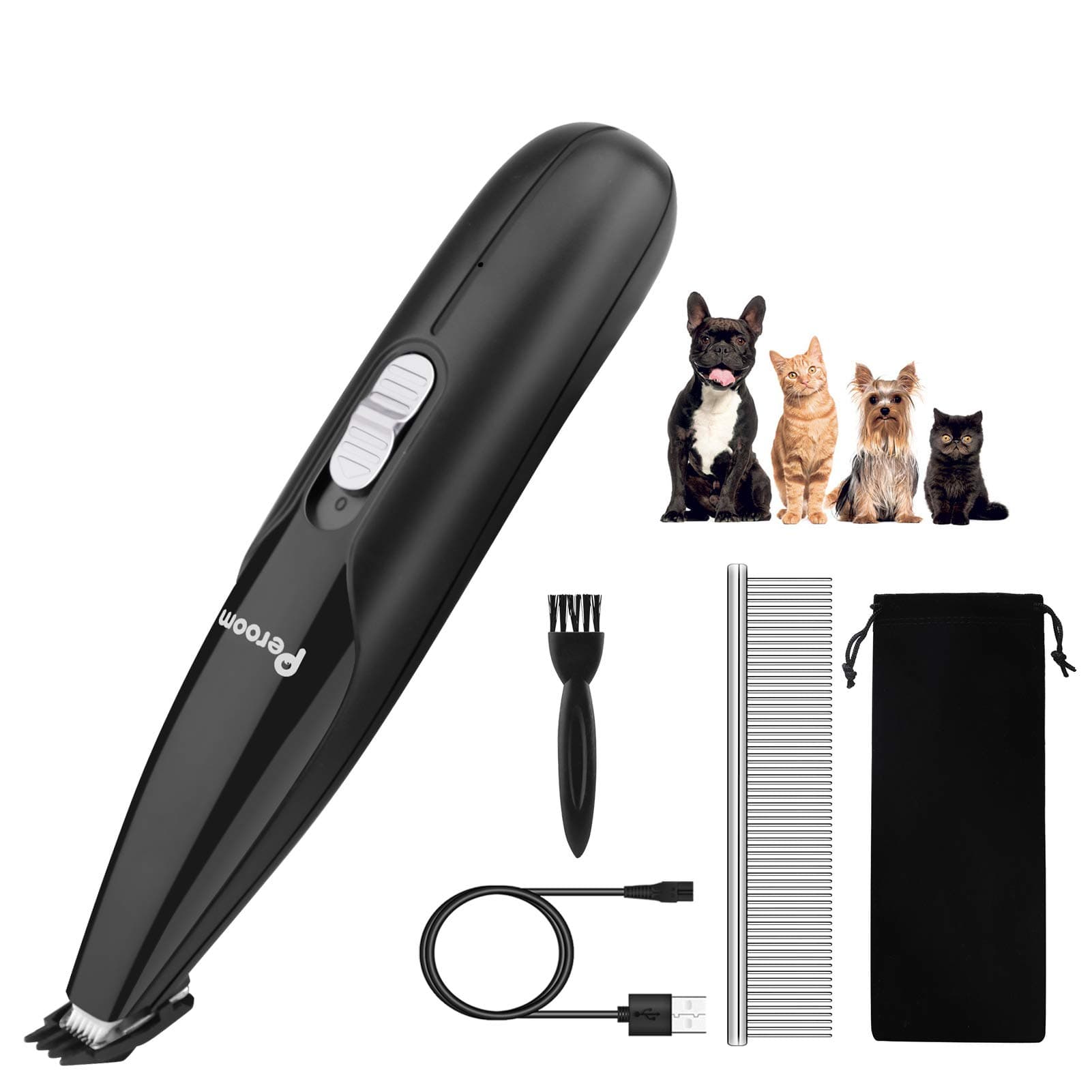 Peroom Dog Clippers, Professional 2-Speed Dog Grooming Clippers Kit, USB Rechargeable Low Noise Cordless Electric Pet Clippers for Small Dogs and Cats Hair Around Face, Paws, Eyes, Ears, Rump