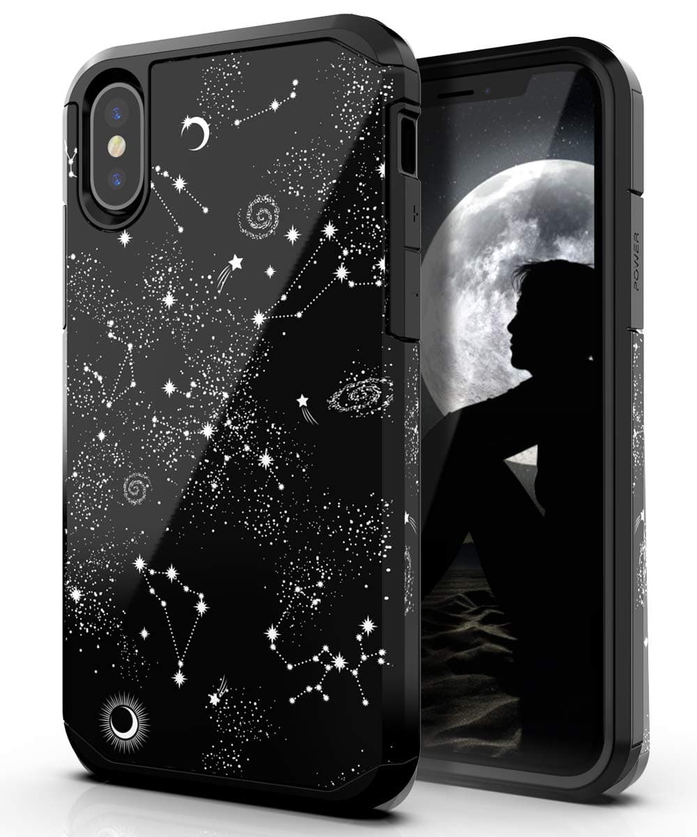 PBRO Xs Case, X Cas,Cute Universe Constellation Case Dual Layer Soft Silicone & Hard Back Cover Heavy Duty PC+TPU Case for Xs/X 5.8 Inch for Men/Women/Girls/Boys -Black