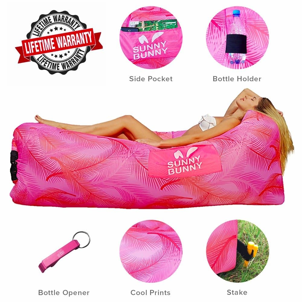 Sunny Bunny Inflatable Lounger Chair Air Sofa Couch with Carry Bag, Bottle Opener & Stake – Hangout Bag Ideal for Indoor and Outdoor – Lazy Hammock Lounge for Camping, Hiking, Beach
