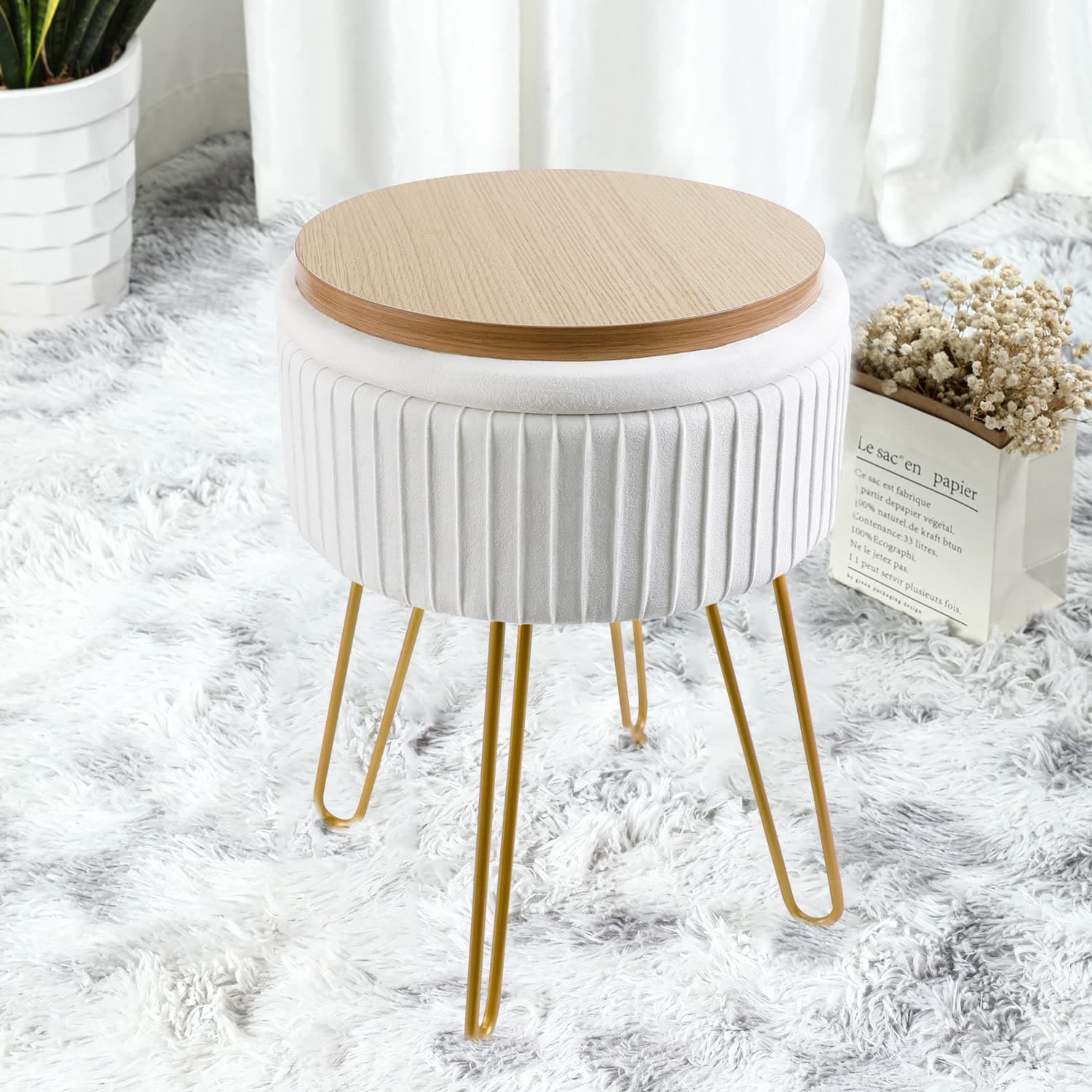 TOUCH-RICH Stripe Velvet Vanity Chair Round Ottoman,Upholstered Vanity Makeup Footstool Side Table Dressing Chair with Golden Metal Legs (Beige, Round-Storage)