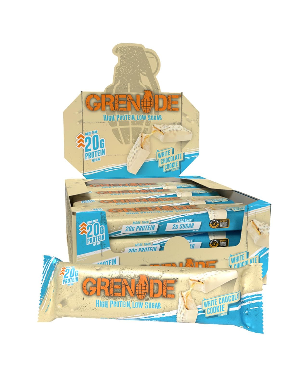 Grenade White Chocolate Cookie High Protein, Low Sugar Bars, 12 x 60 g – 23 g Protein per Snack Bar with Cookie Crispies & White Chocolate Coating