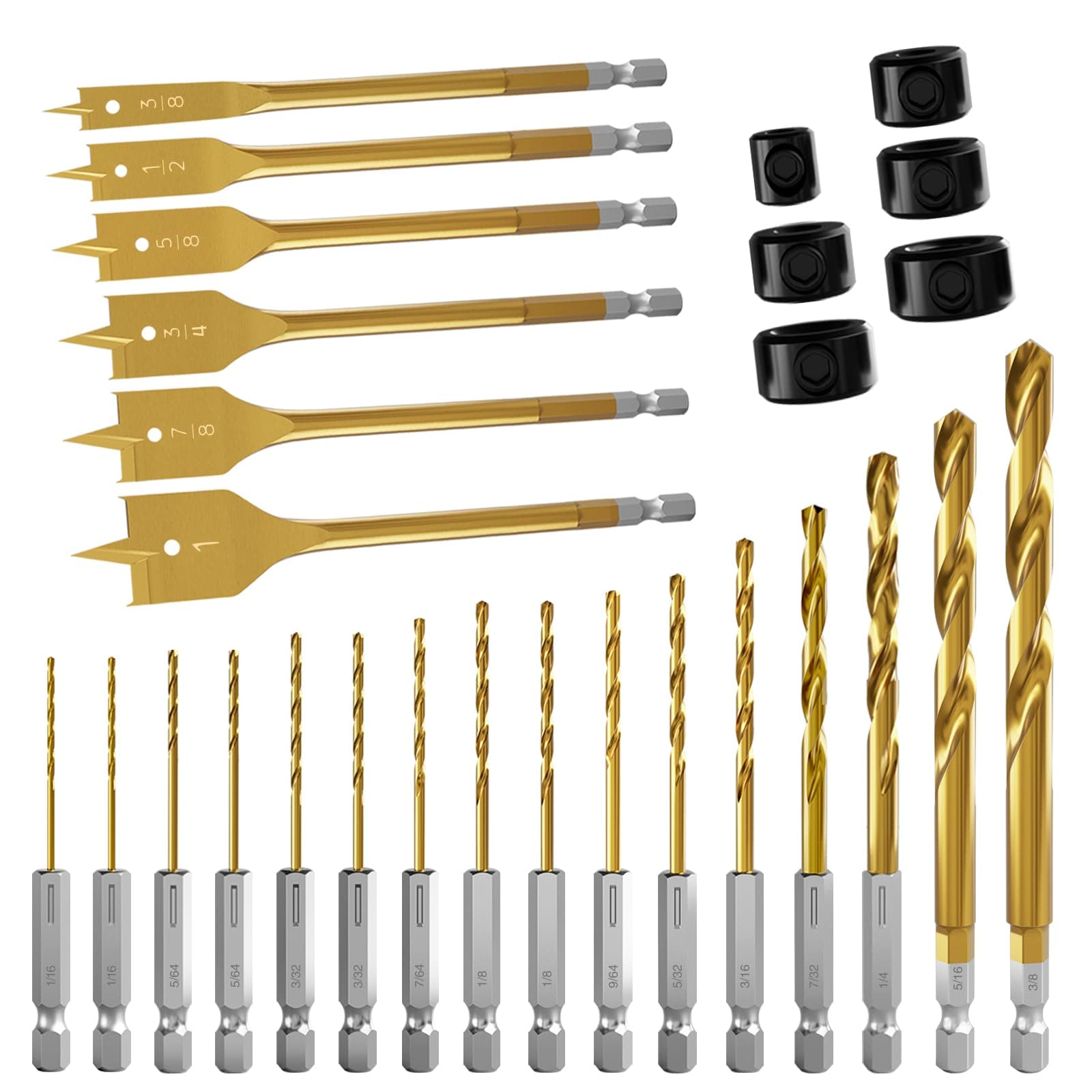 CSOOM Set of 16 M35 Twist Drills and 6*Spade Drill Bits, 6*Locators. Premium Hole Cutter, Ideal for Wood, Carbon, Steel, and Metals.