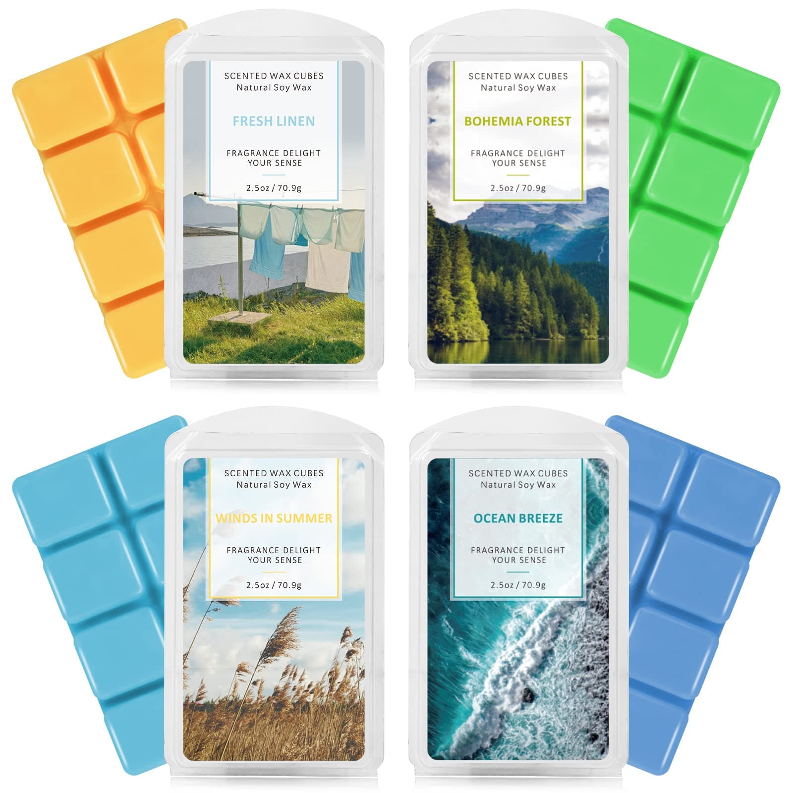 Wax Melts Wax Cubes, Soy Wax Cubes for Wax Warmer, Ocean Breeze, Fresh Linen, Bohemia Forest, Winds in Summer, 4 x 2.5 oz