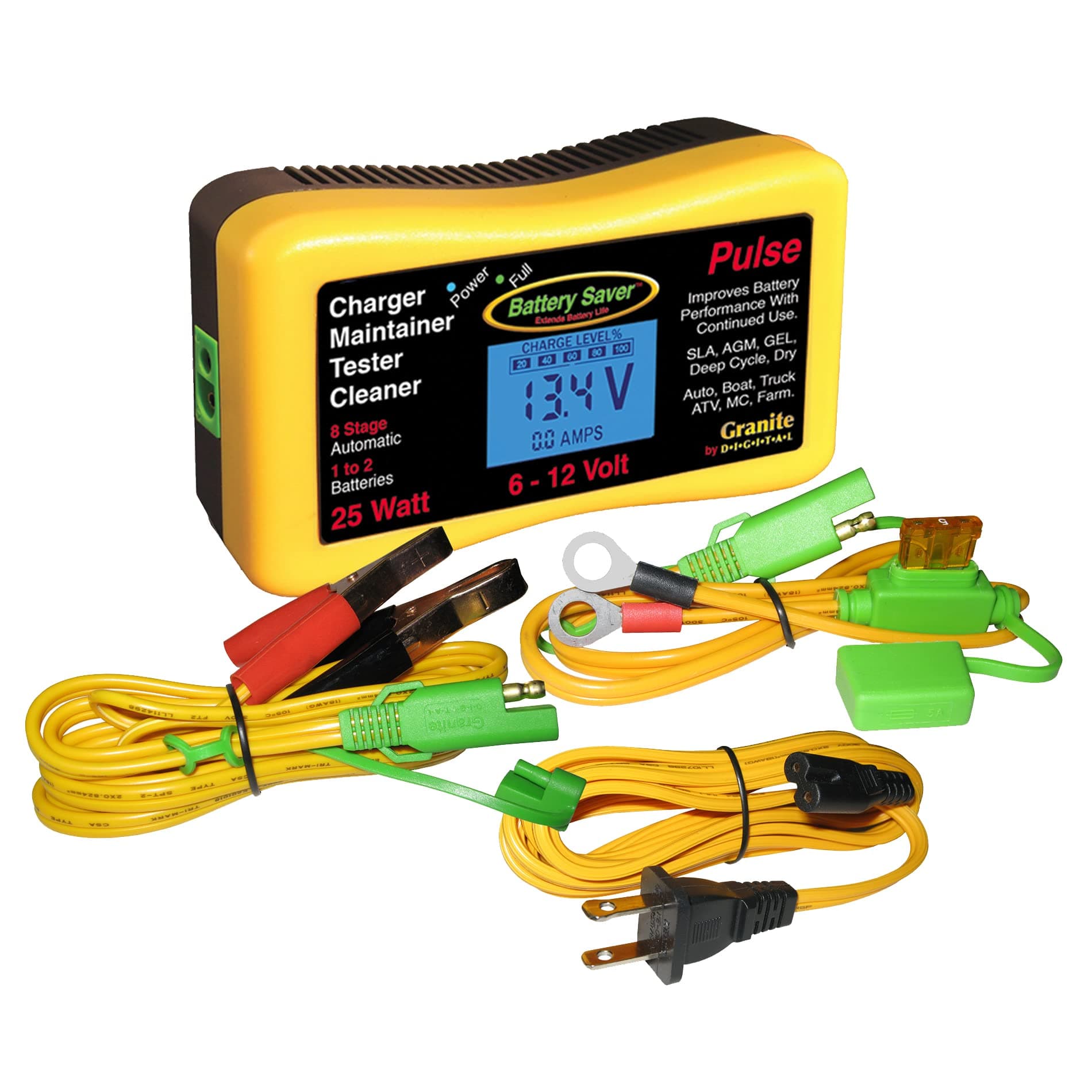 Premium 6 & 12 Volt 25W Pulse Charger, Maintainer & Tester (Gen. 3), Yellow, Black (3015L-G3)