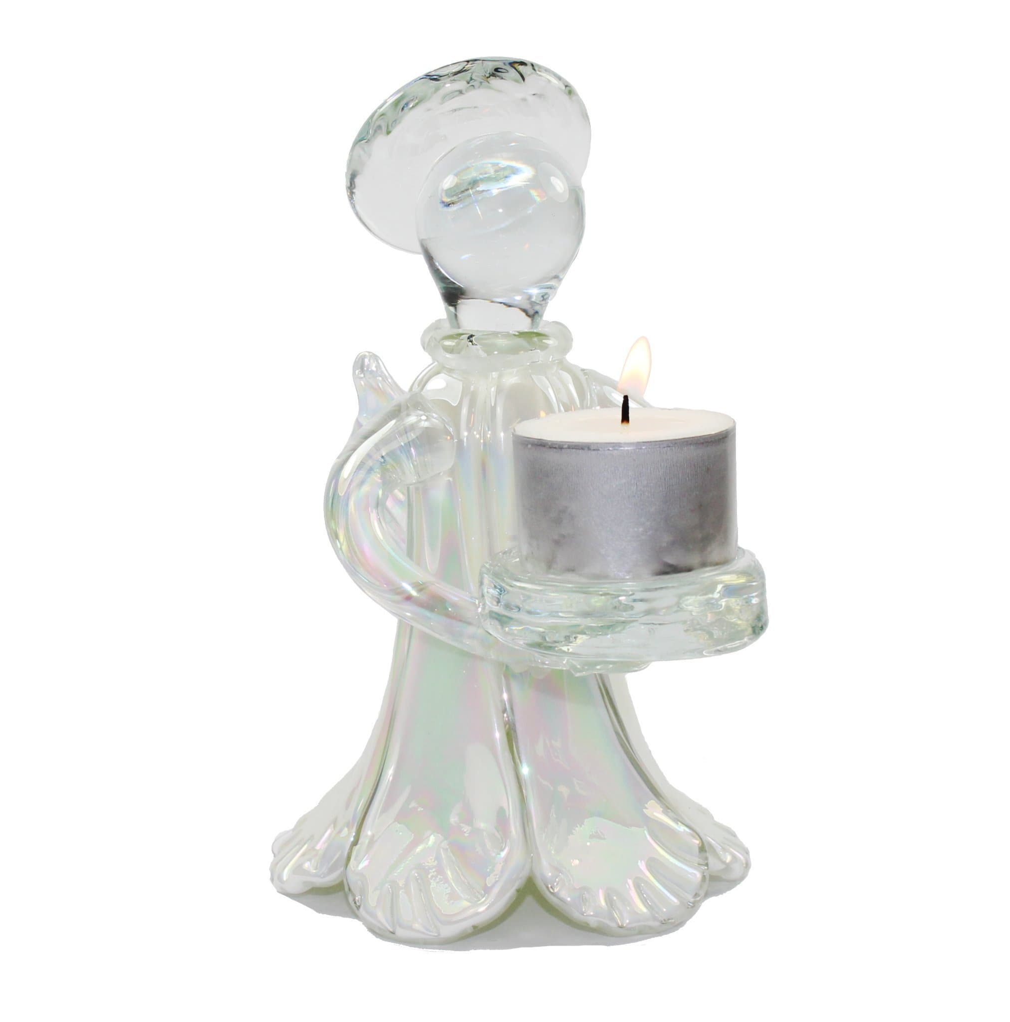 Tall Glass Angel Tealight Holder with Pearlescent Finish in White