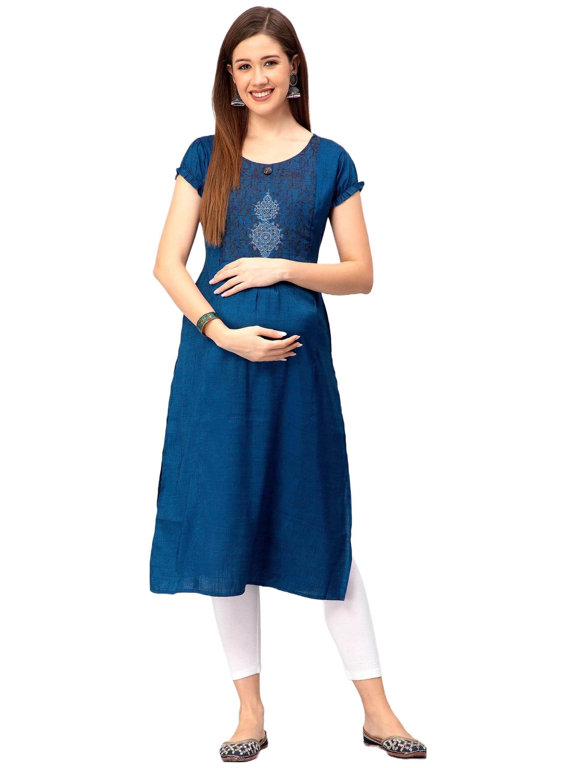 CEE 18 Cotton Rayon Straight Maternity Feeding Kurti for Women with Zippers | Maternity Dress in Breathable Fabric for Pre and Post Pregnancy & Nursing for Mom (Large, Blue)