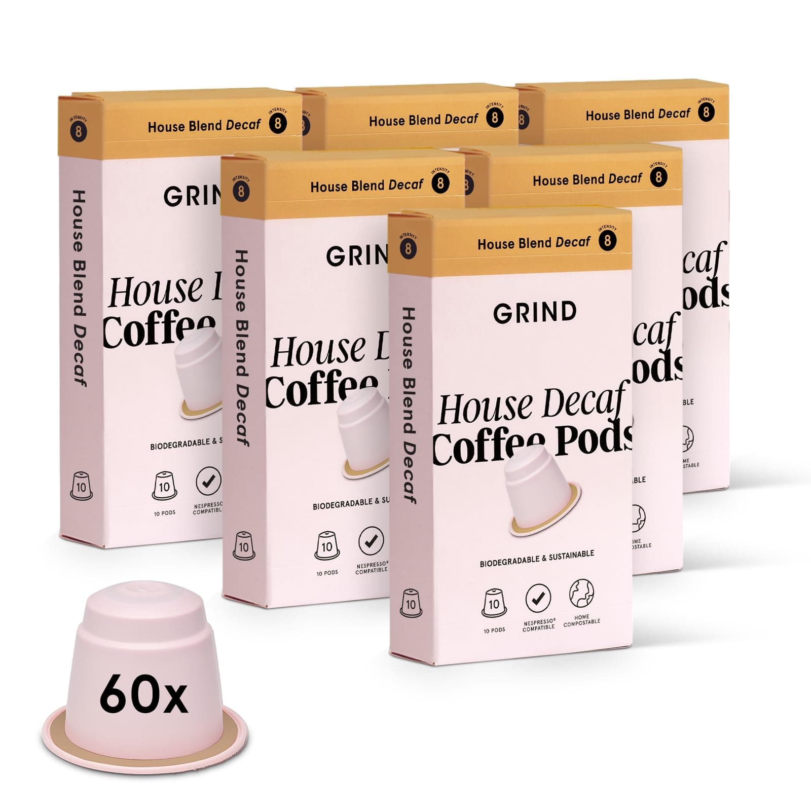 Grind Decaf House Coffee Pods – Pack of 60 Biodegradable Capsules – Naturally Decaffeinated – Nespresso® Original Compatible – Home Compostable – Barista Quality and Specialty Grade – Medium Roast
