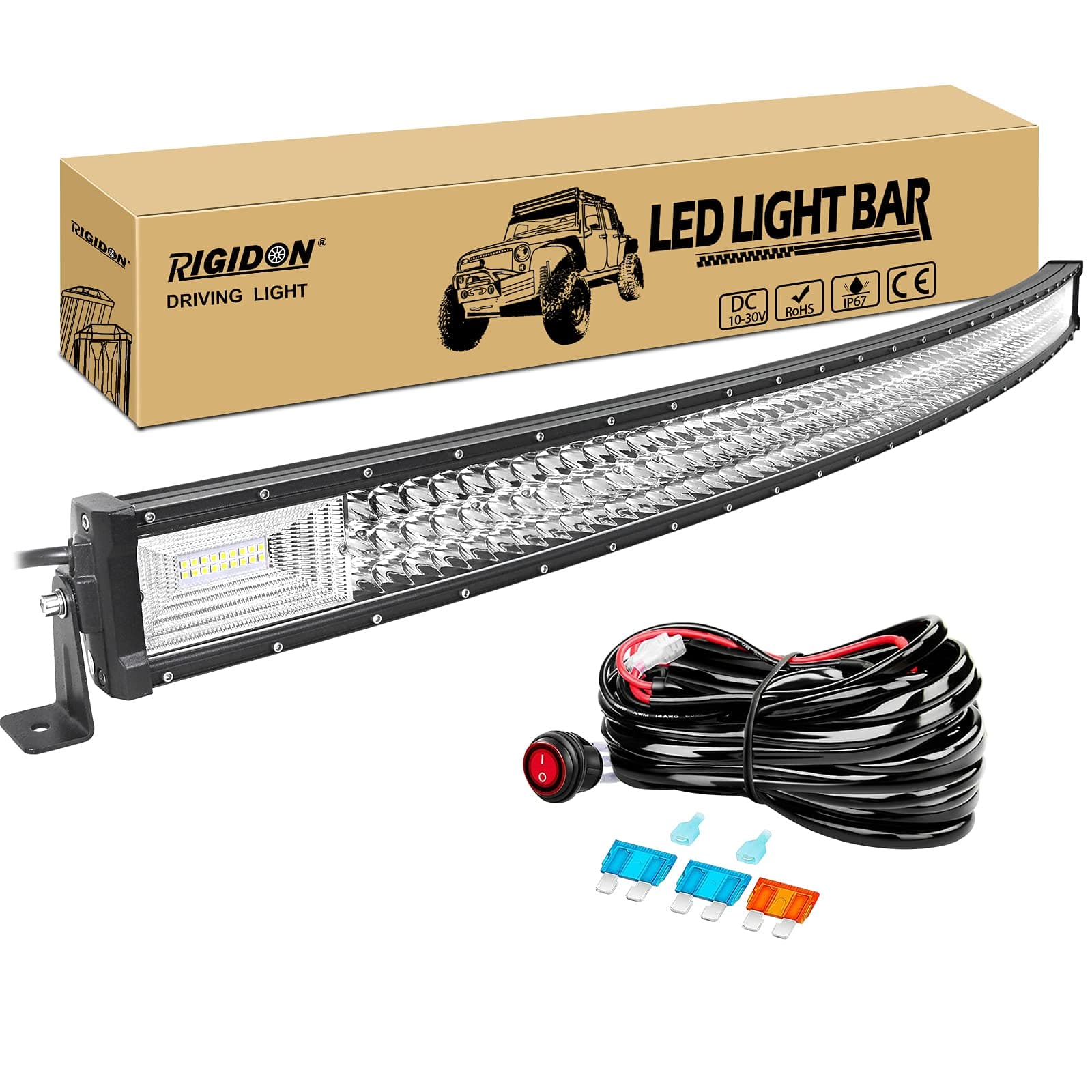 RIGIDONCurved Thin Slim Led Light Bar 52 inch 675W With 12V Wiring Harness Cable Kit, Fog Light for Car Off road Truck ATV 4x4, Flood Spot Combo Beam, Waterproof Driving Work Lamp, 6000K White